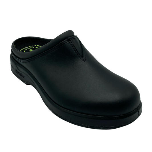 45 degree angled view of black leather clog with black rubber outsole and black lining