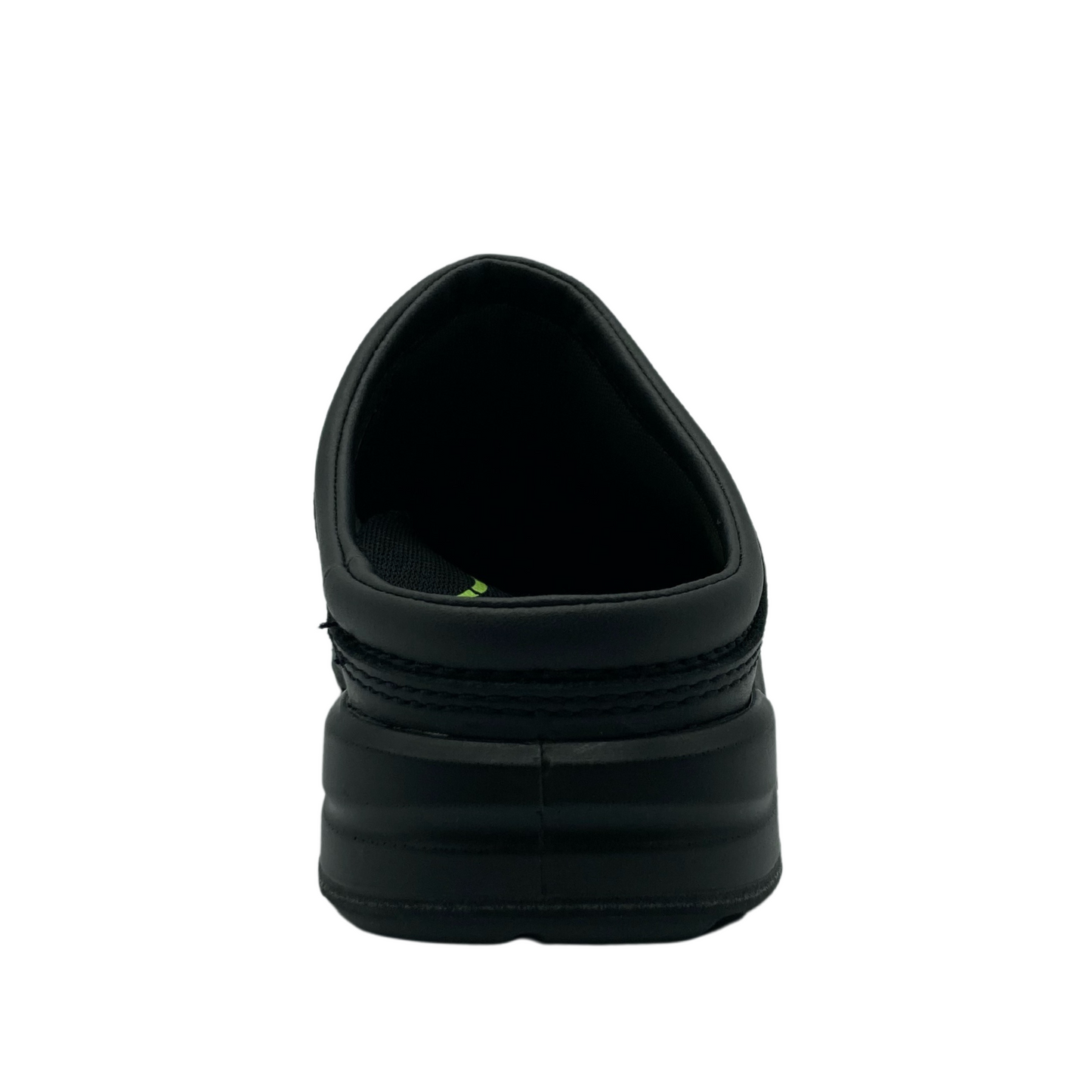 Back view of black leather clog with thick black rubber outsole