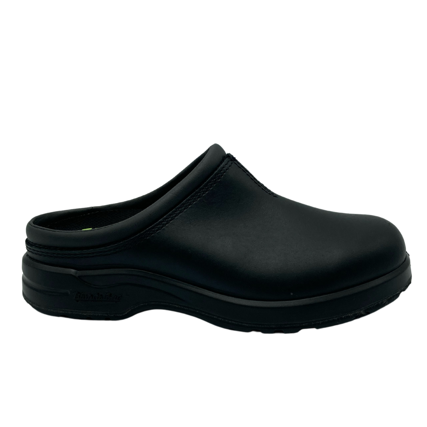 Right facing view of black leather clog with black rubber outsole