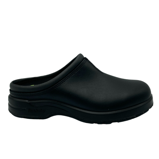 Right facing view of black leather clog with black rubber outsole