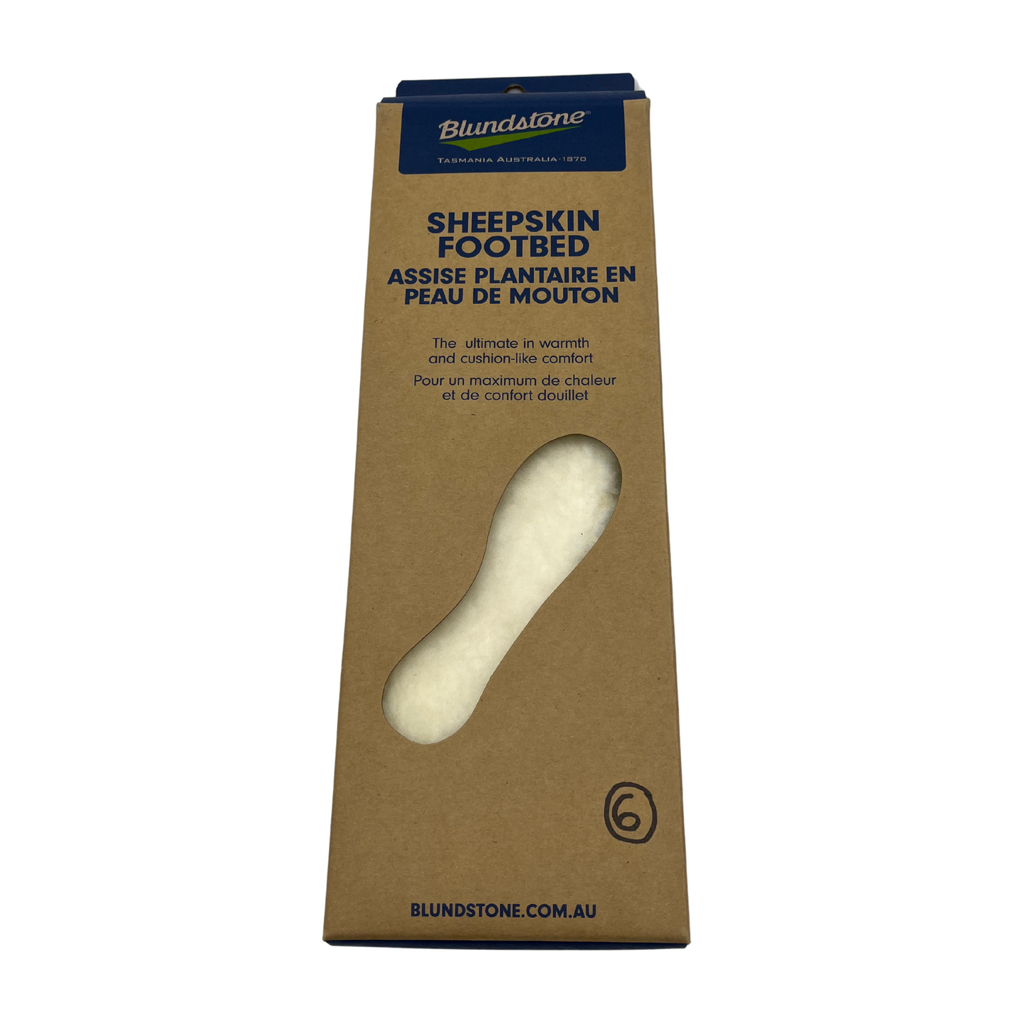 Brown and blue cardboard package of sheepskin footbeds.