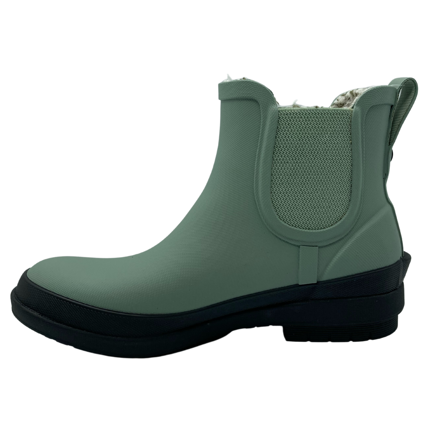 Left facing view of jade short rain boot with elastic side gore and black outsole
