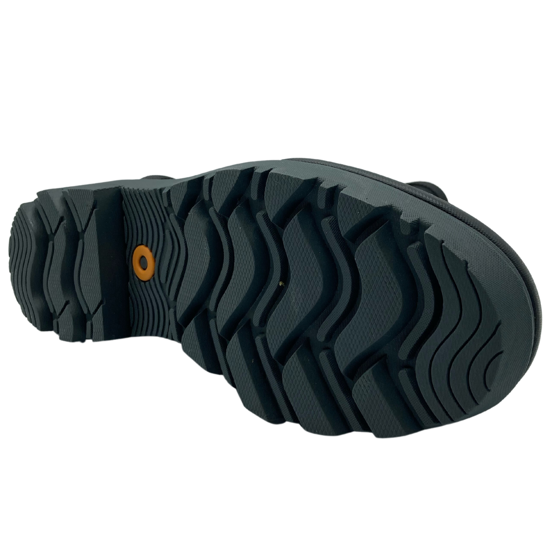 Bottom view of calf height rubber rain boot with grey rubber outsole