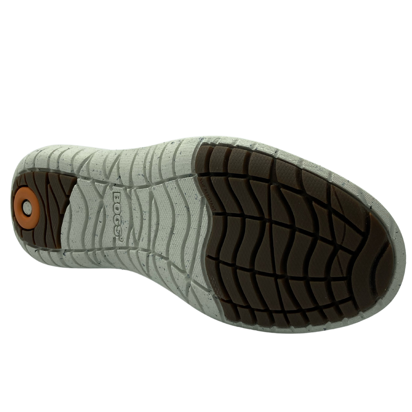 Bottom view of waterproof short boot with brown and white outsole