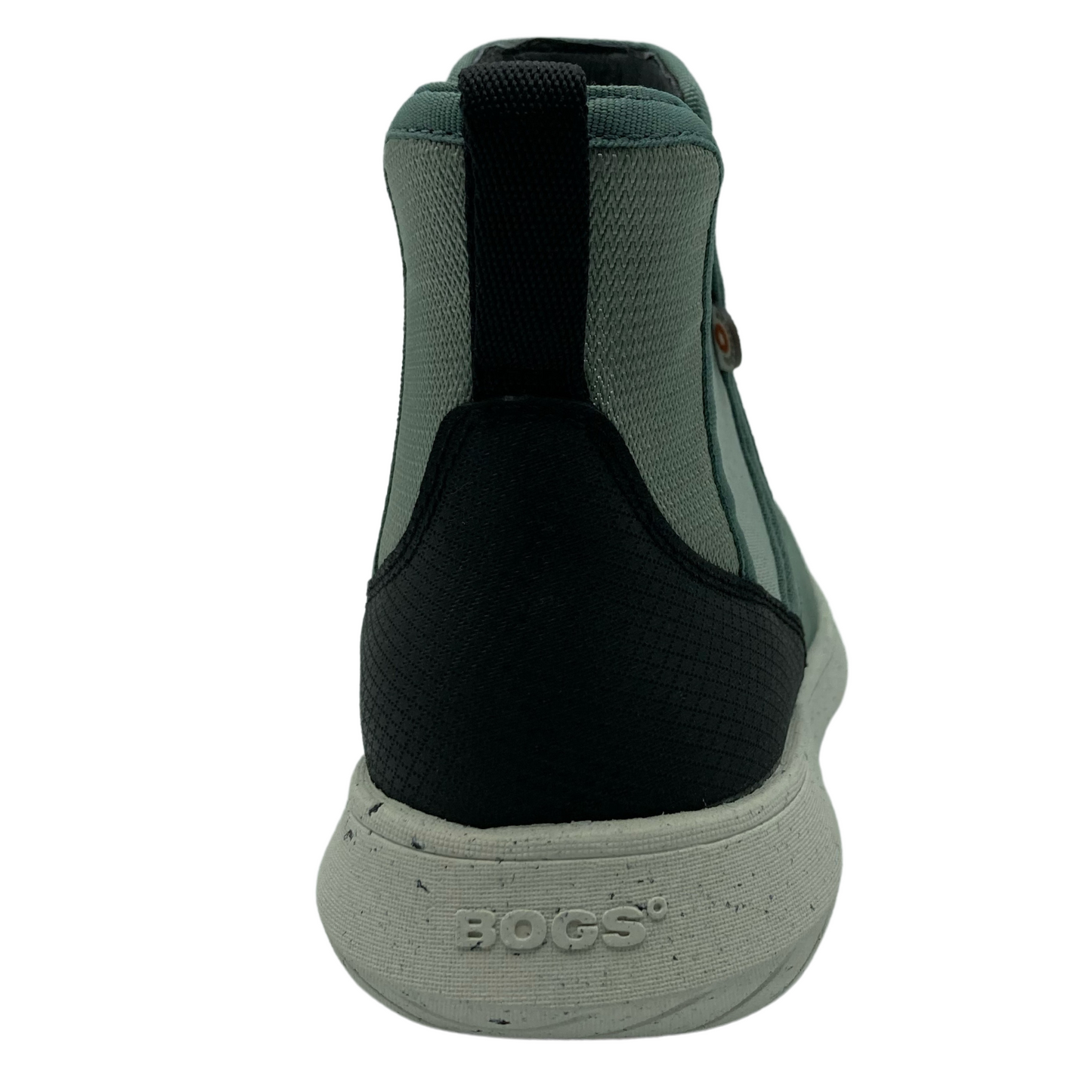Back view of leather short boot with white outsole