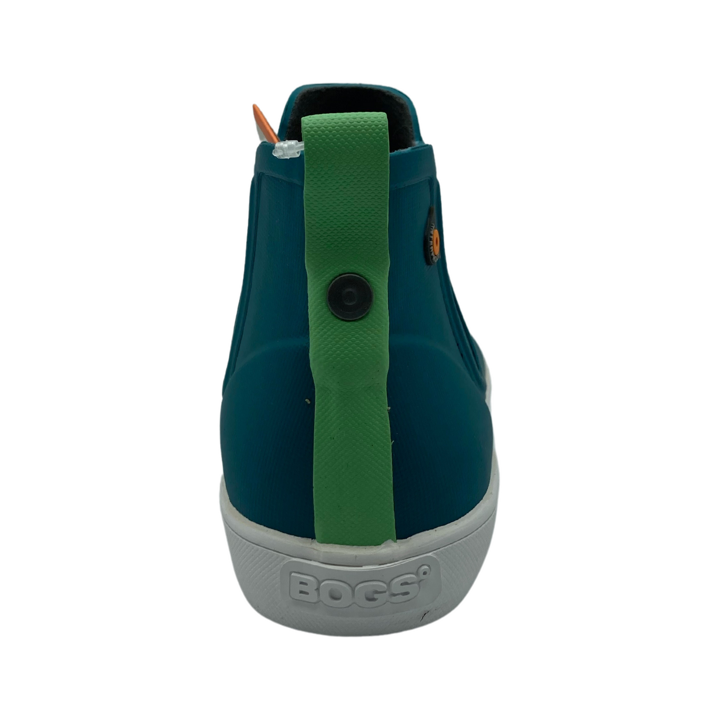 Back view of Turquoise short boot with green pull on tab with white rubber outsole