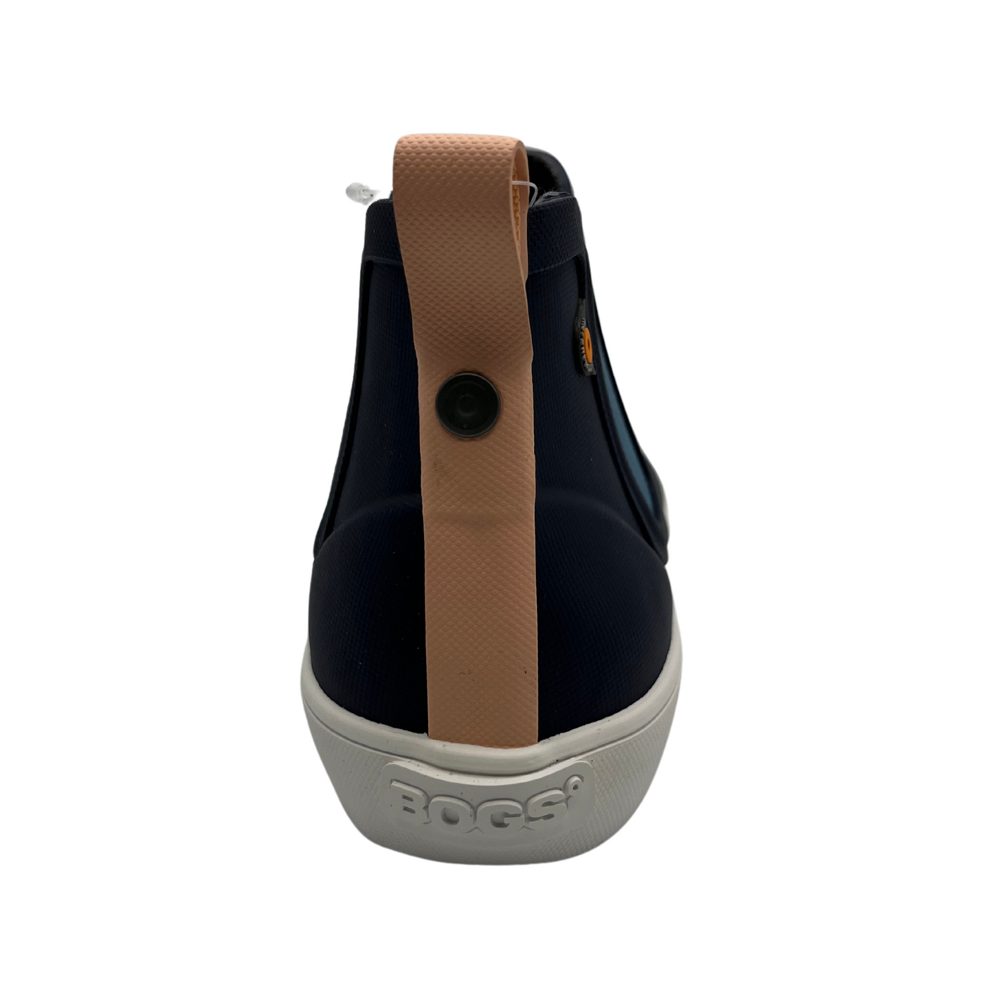 Back view of waterproof navy ankle boot with elasticated side gores and white outsole
