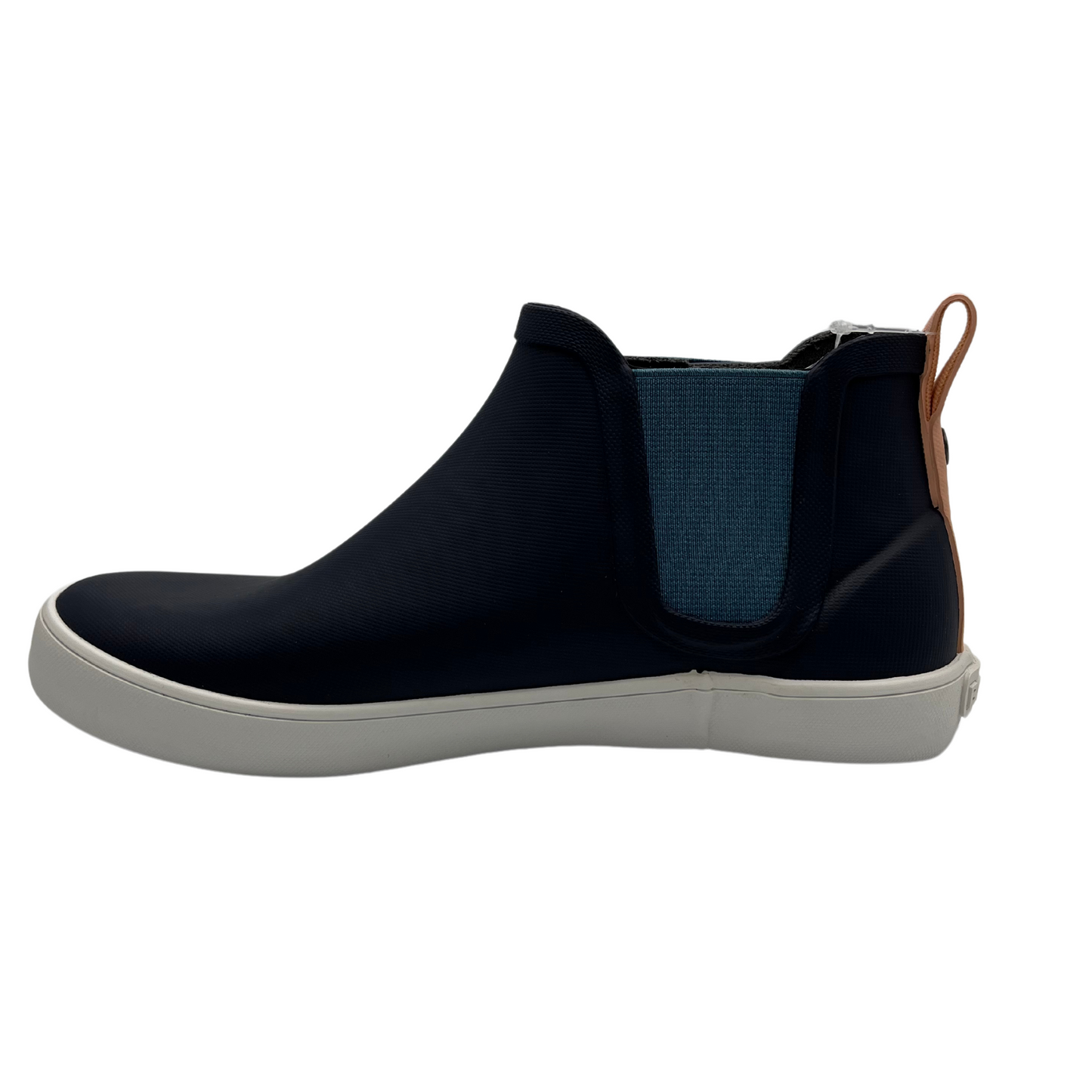 Left facing view of waterproof navy ankle boot with elasticated side gores and white outsole