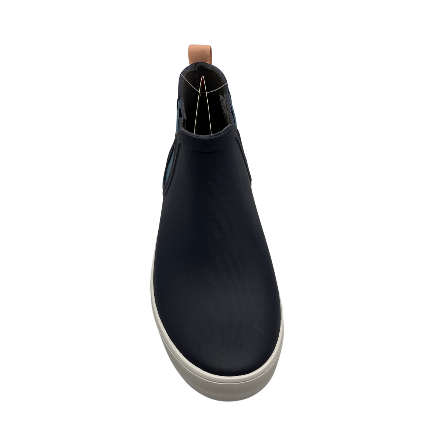 Top view of waterproof navy ankle boot with elasticated side gores and white outsole