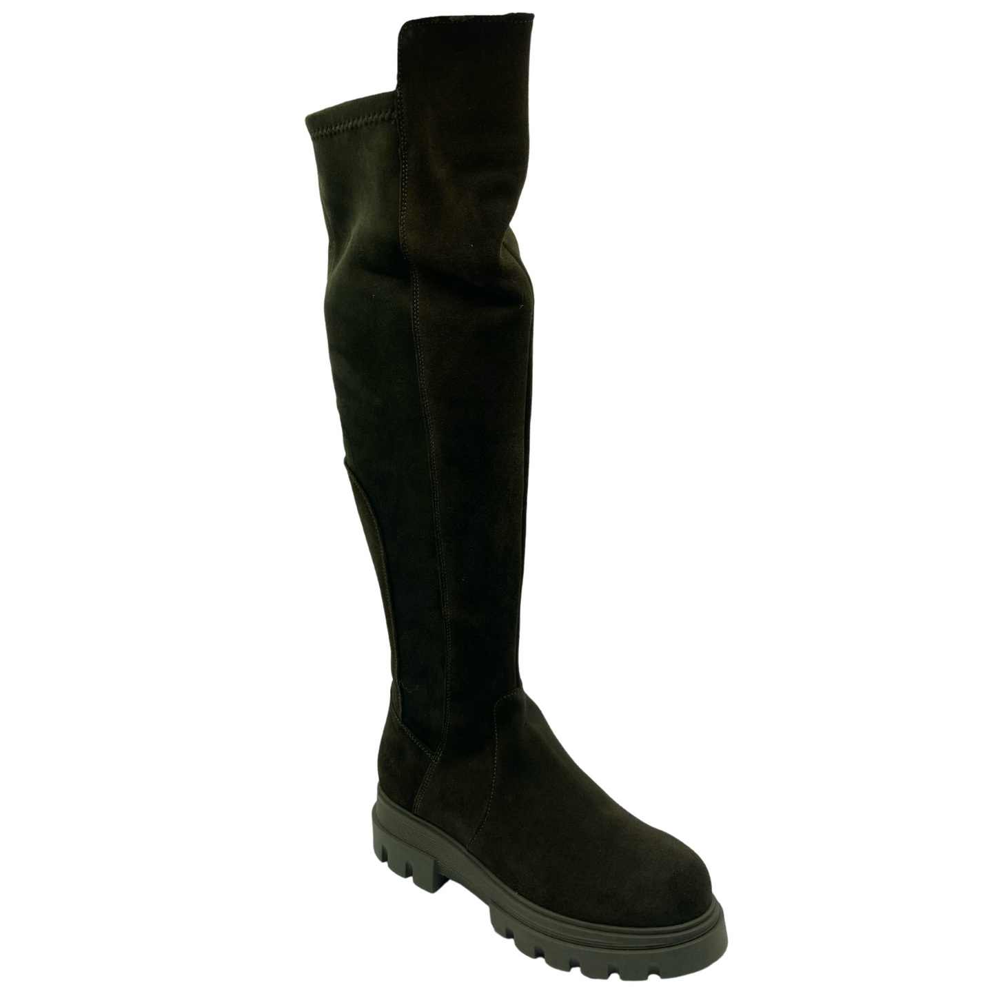 45 degree angled view of khaki suede thigh high boot with platform rubber sole