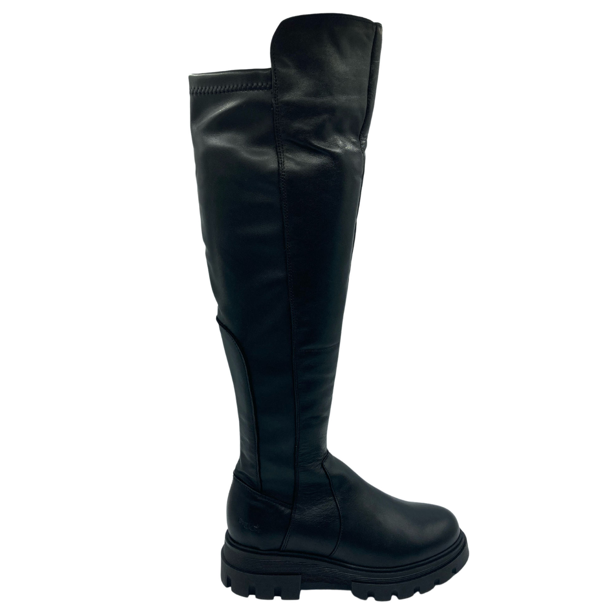 Right facing view of black leather thigh high boot with rounded toe and platform rubber sole