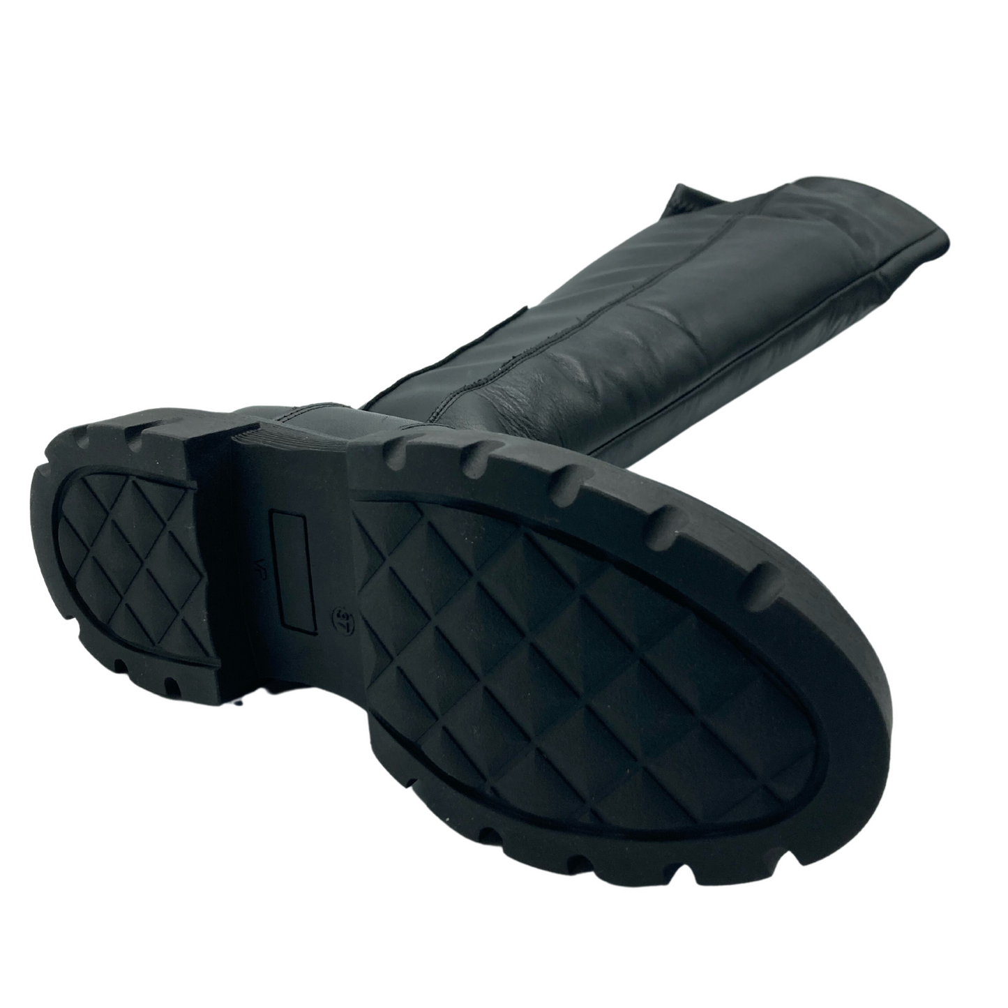 Bottom view of tall black leather boot with black rubber platform sole