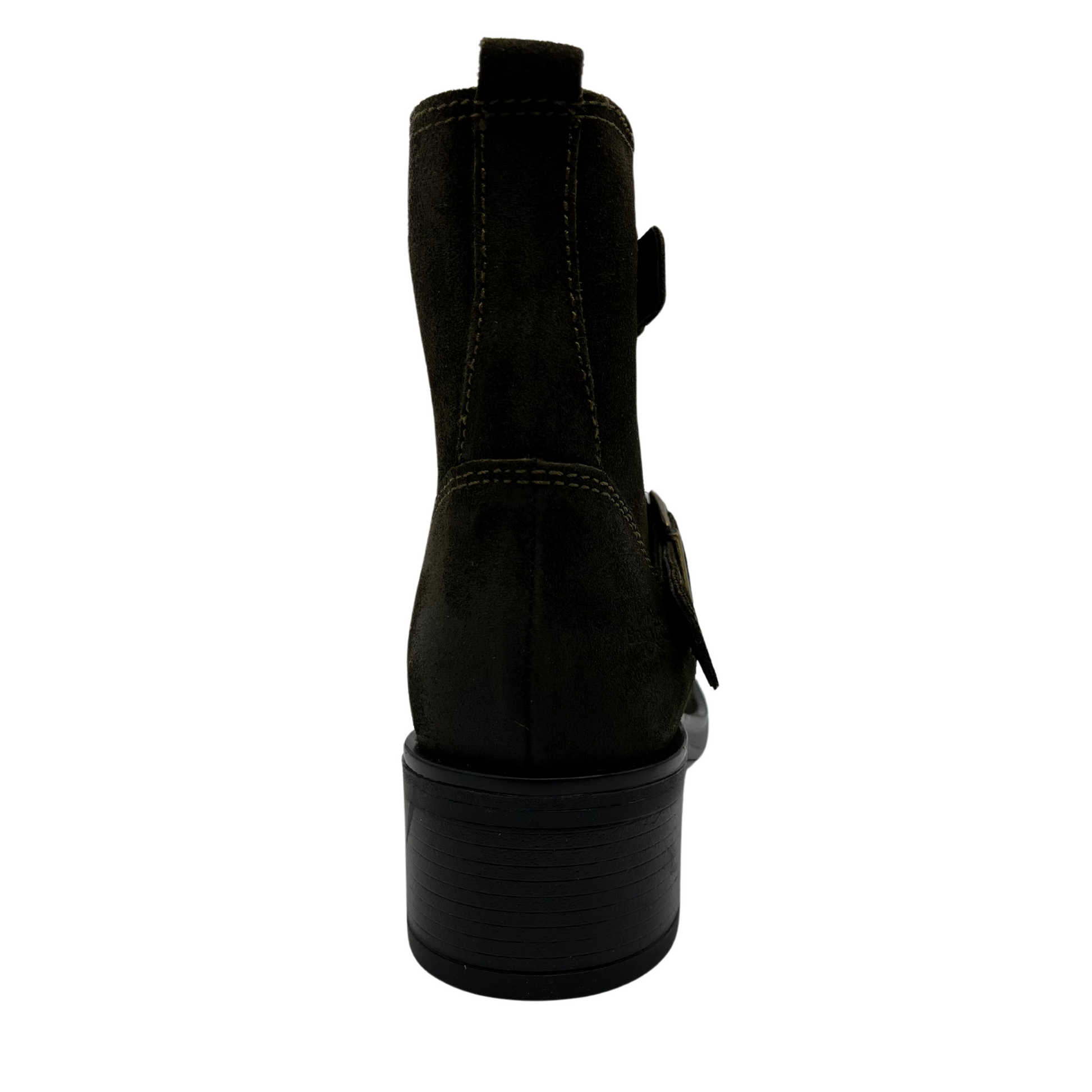 Back view of olive coloured suede short boot with two straps with brass buckles, side zipper closure and block heel.