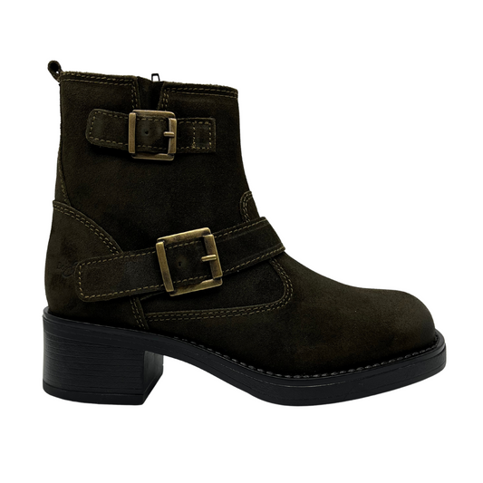 Right facing view of olive coloured suede short boot with two straps with brass buckles, side zipper closure and block heel.