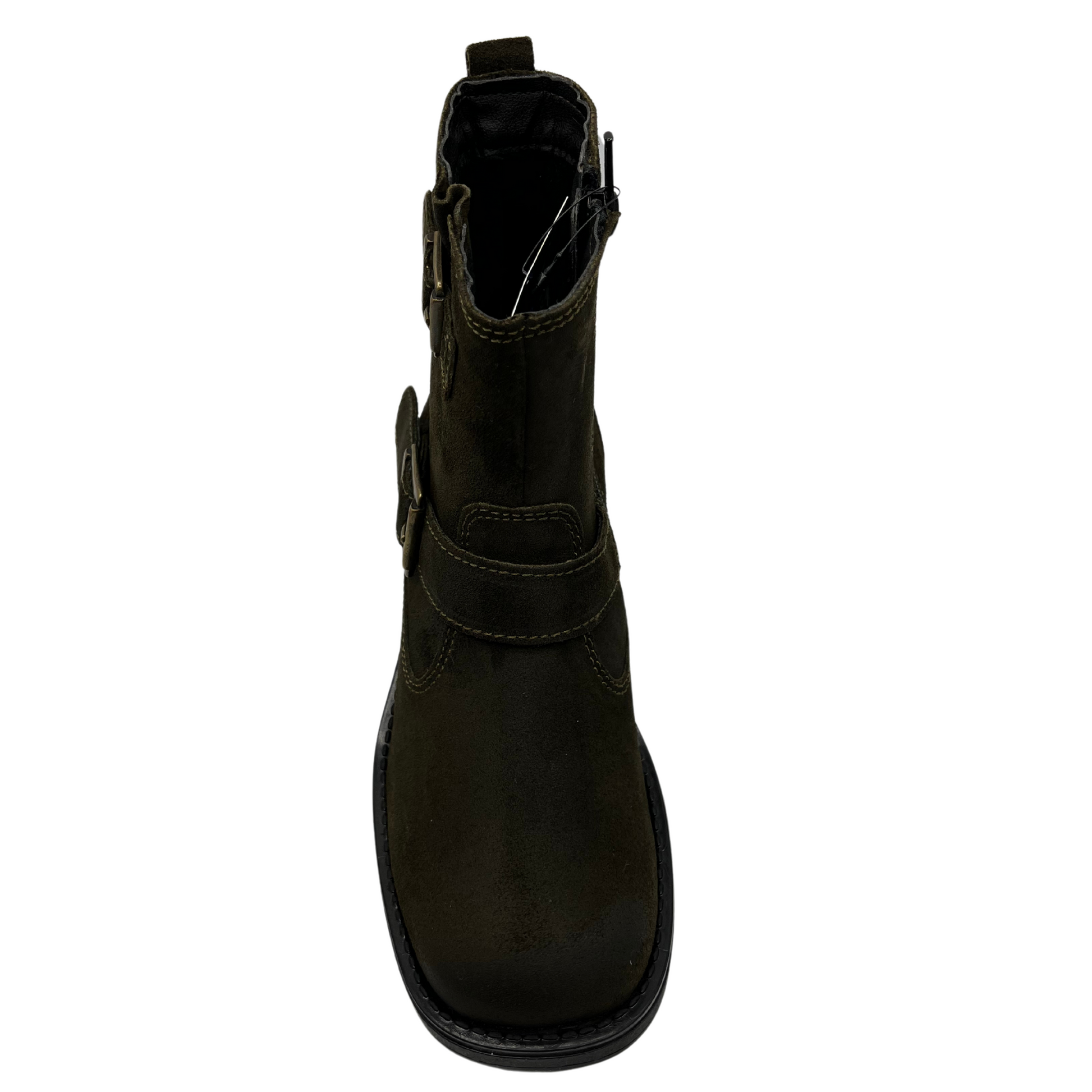 Top view of olive coloured suede short boot with two straps with brass buckles, side zipper closure and block heel.