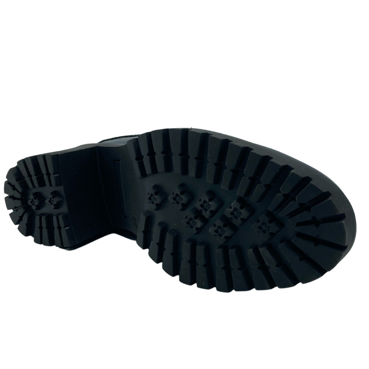 Bottom view of patent leather short boot with black heel and sole