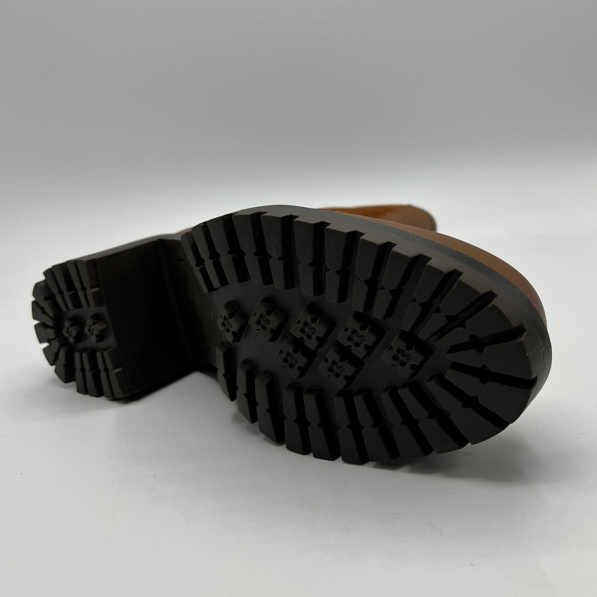 Close-up of a black boot sole on a white background