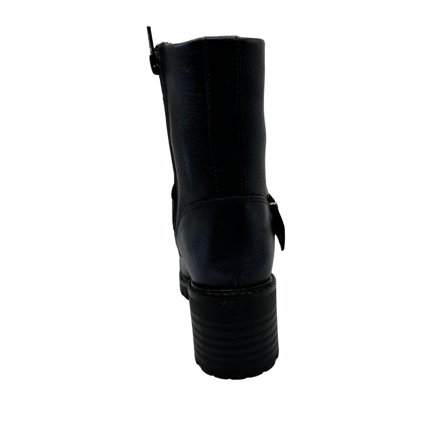 Back view of dark blue leather boot with chunky heel, mid height strap and off center zipper closure and side zipper closure