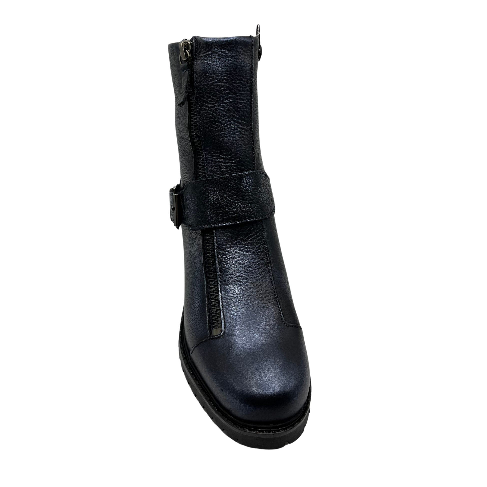 Top view of dark blue leather boot with chunky heel, mid height strap and off center zipper closure and side zipper closure