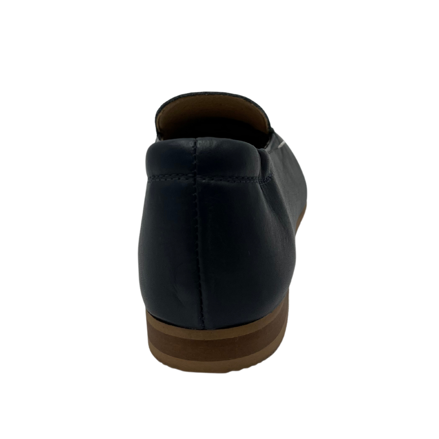 Back view of navy leather loafer with pointed toe and short block heel, leather lining and elasticated back.