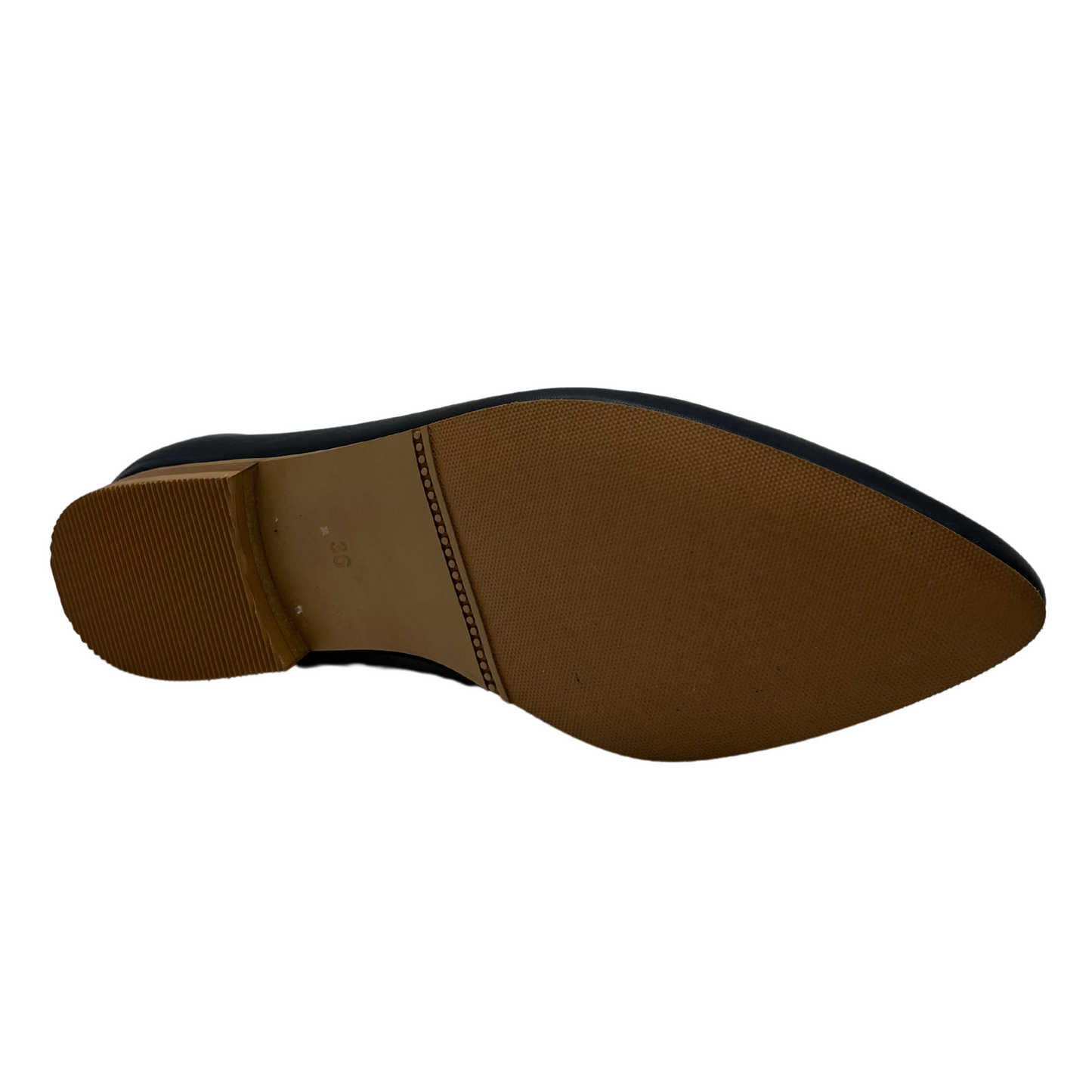 Bottom view of navy leather loafer with pointed toe and short block heel, leather lining and elasticated back.