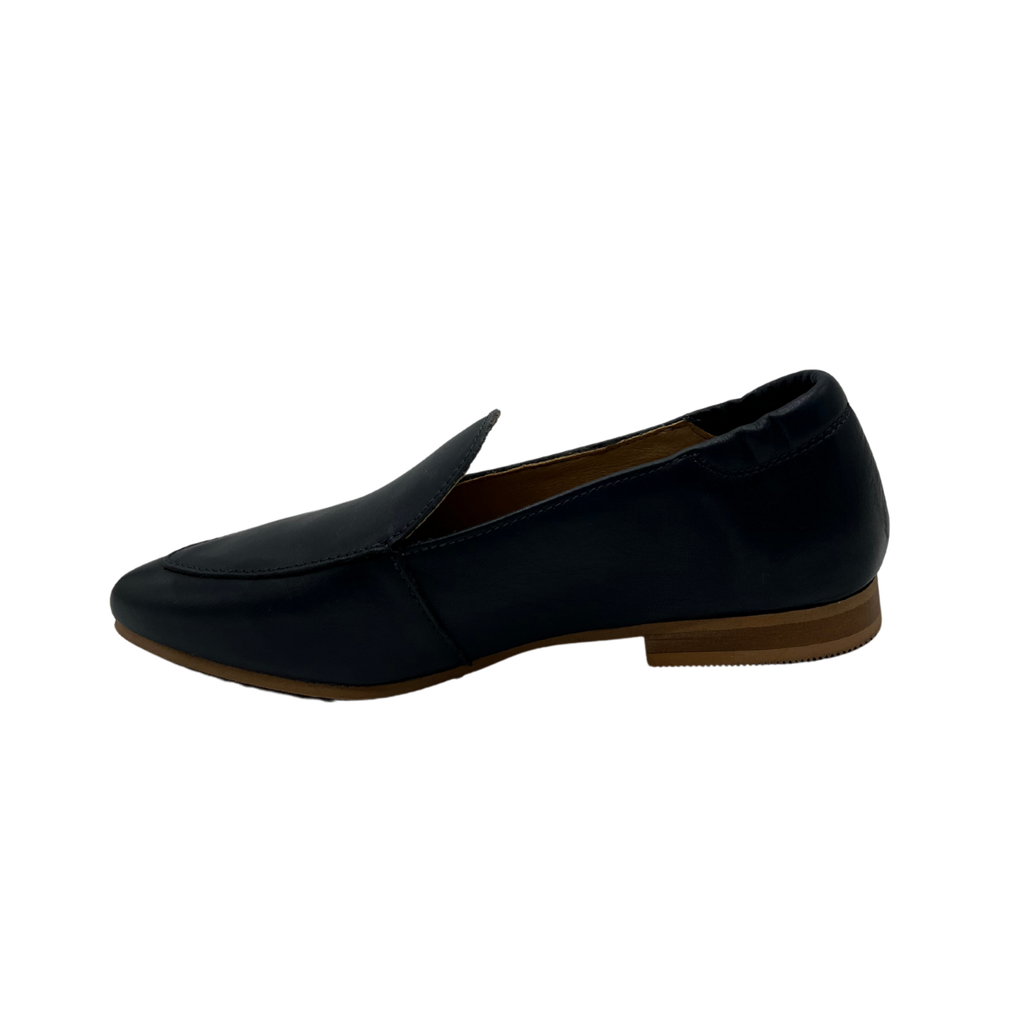 Left view of navy leather loafer with pointed toe and short block heel, leather lining and elasticated back.