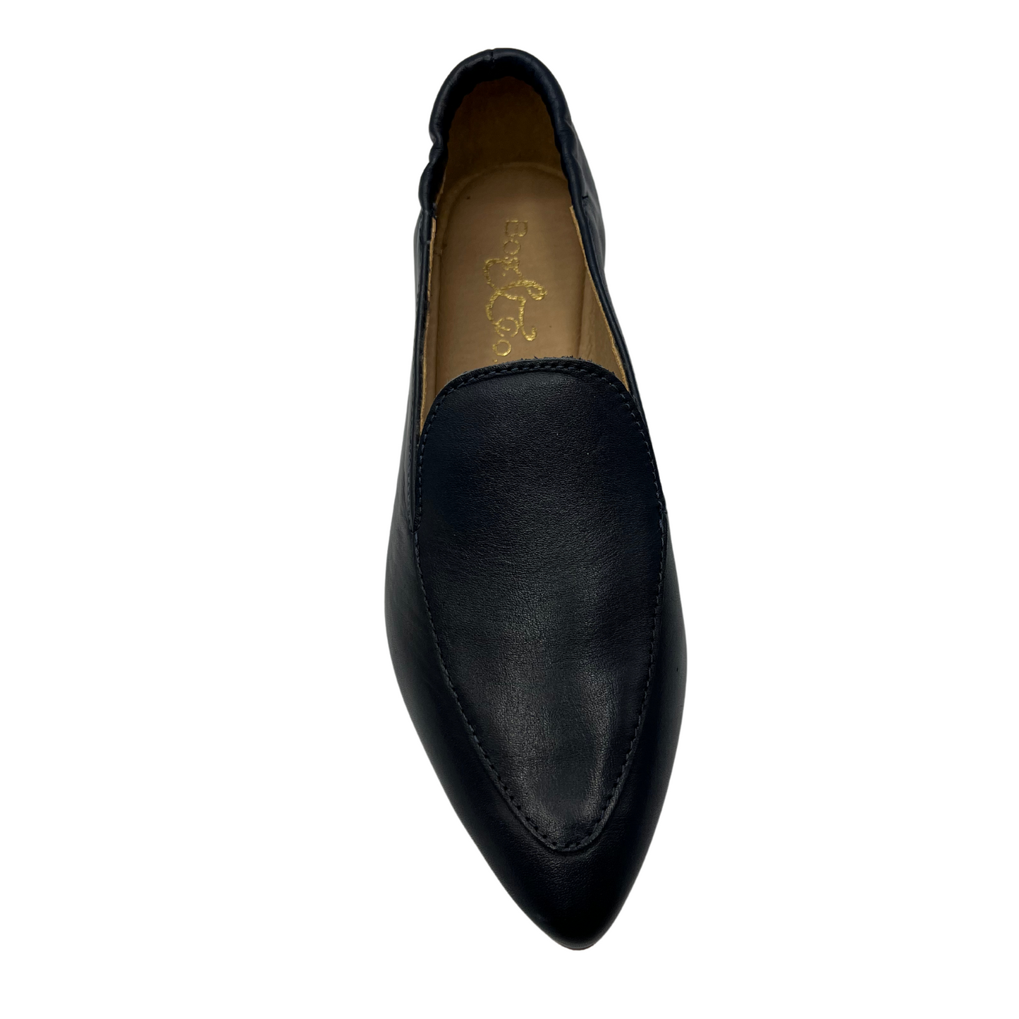 Top view of navy leather loafer with pointed toe and short block heel, leather lining and elasticated back.