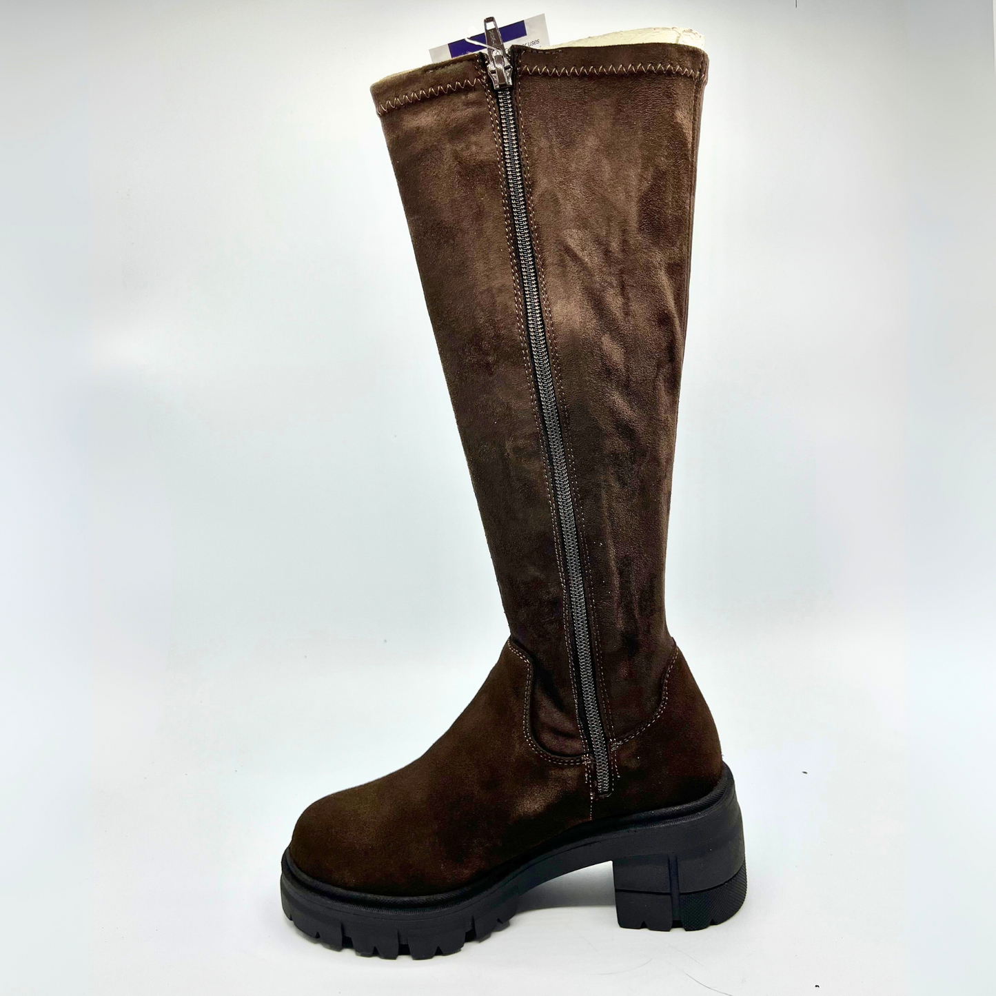 Brown knee-high boot with a zipper on a white background