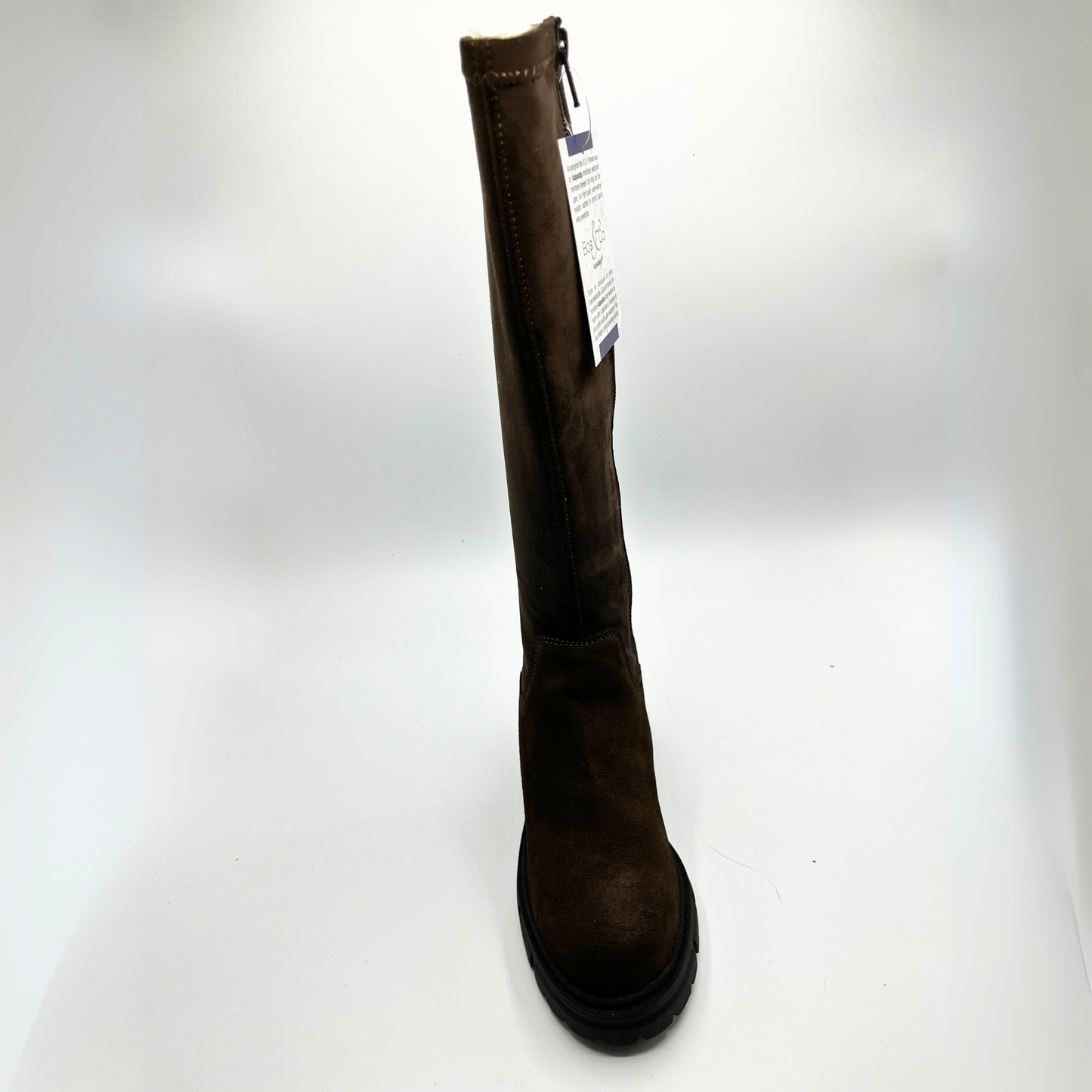 Brown knee-high boot with a visible brand tag on a white background