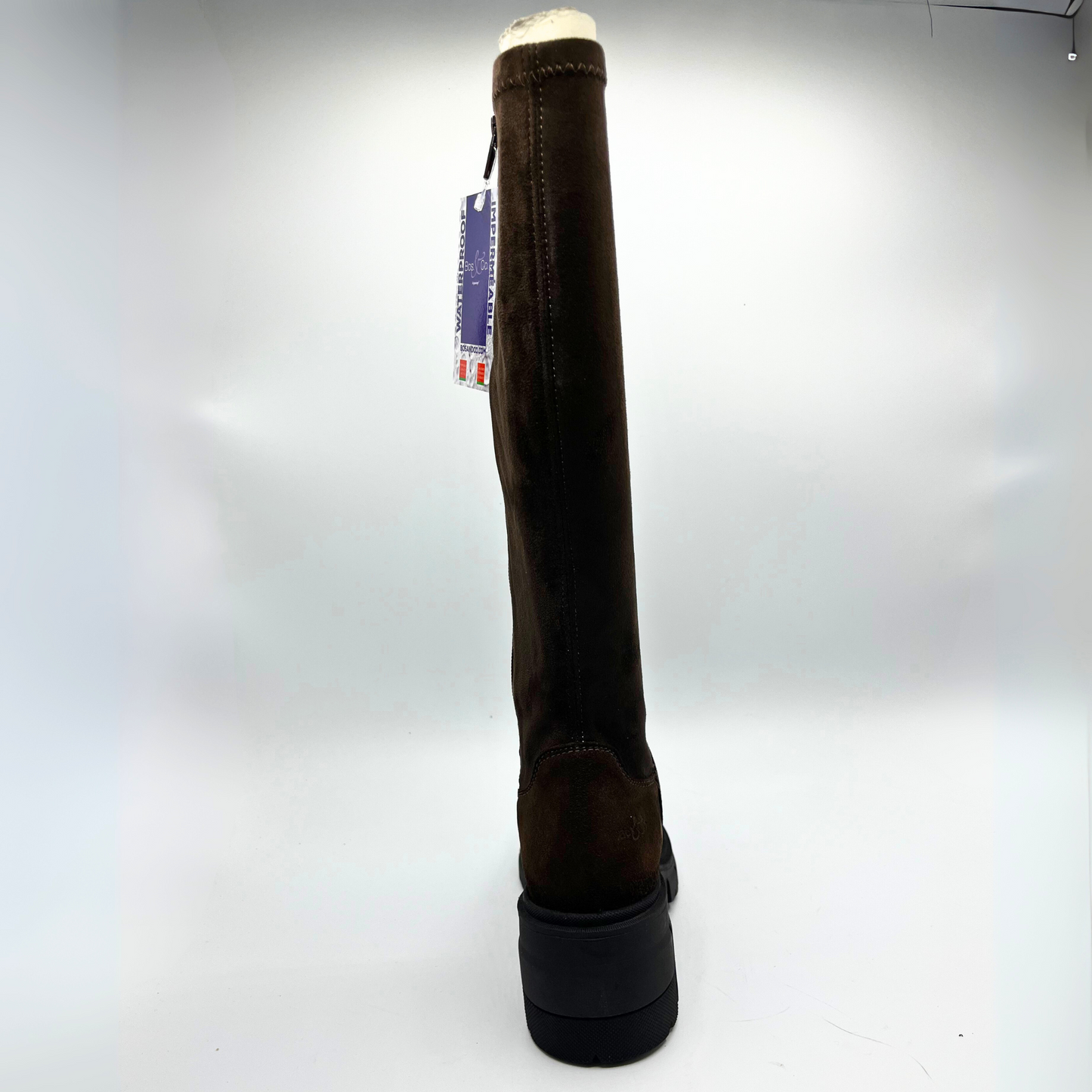 Brown knee-high boot with a visible brand label on a white background