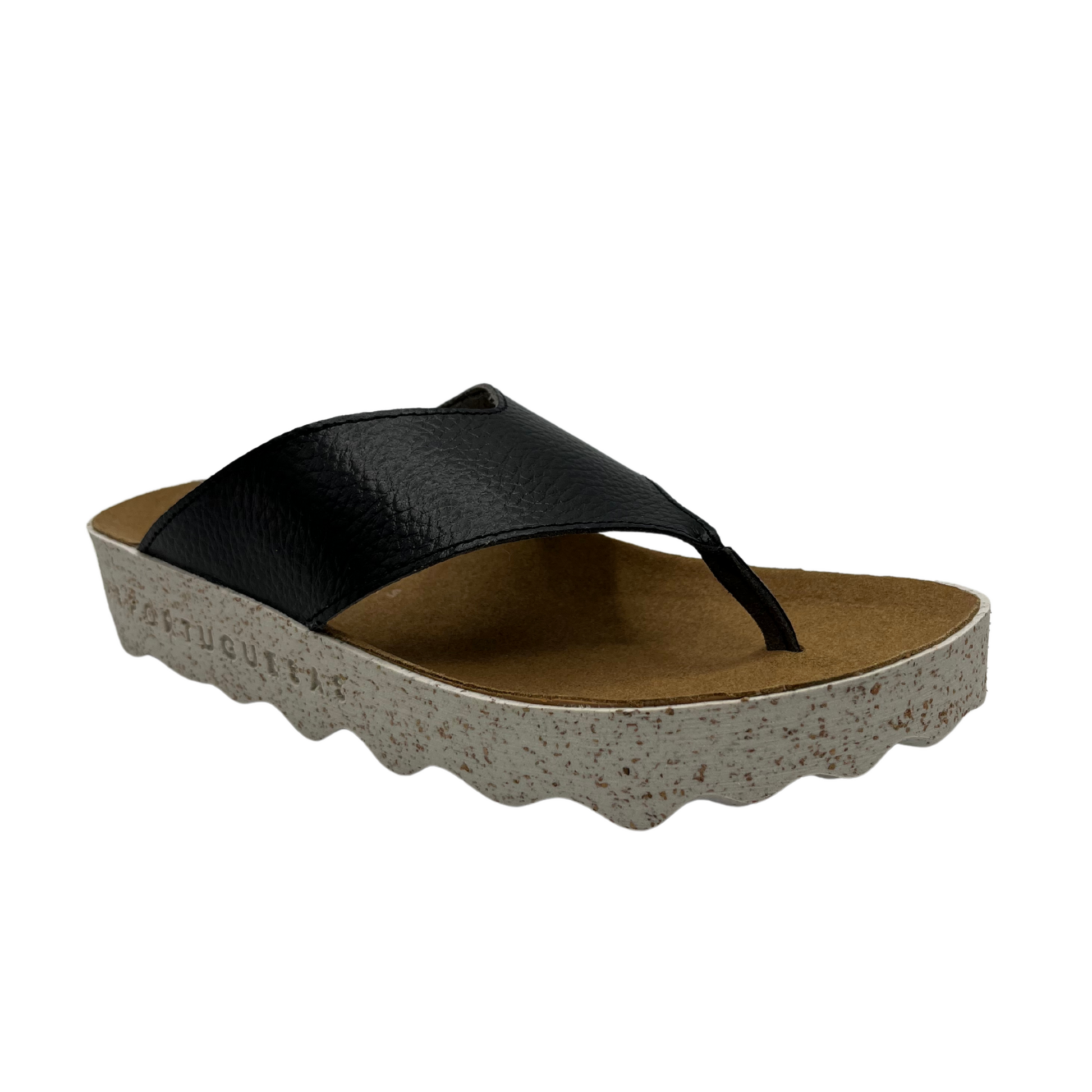 45 degree angled view of black strapped thong sandal with brown contoured footbed and white speckled outsole
