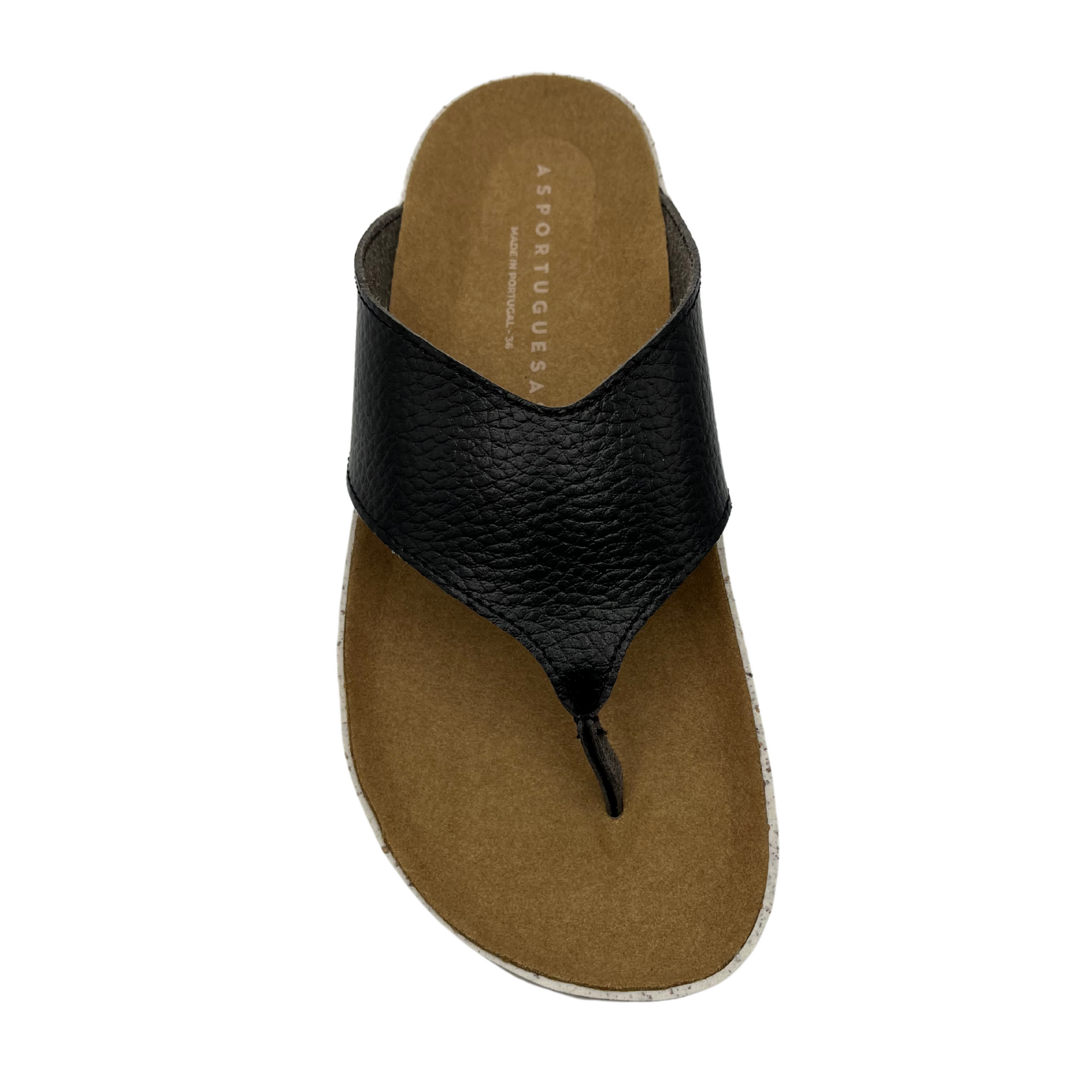 Top view of black strapped thong sandal with brown contoured footbed and white speckled outsole