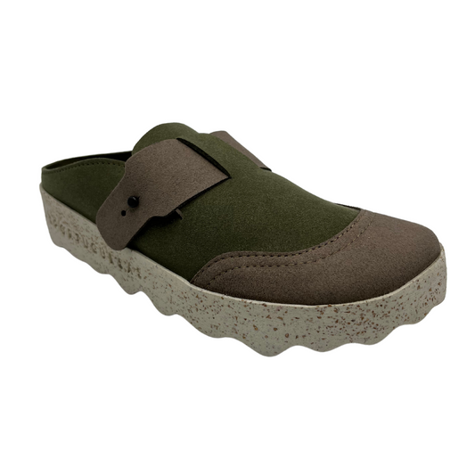 45 degree angled view of army green and taupe faux suede slip on clogs