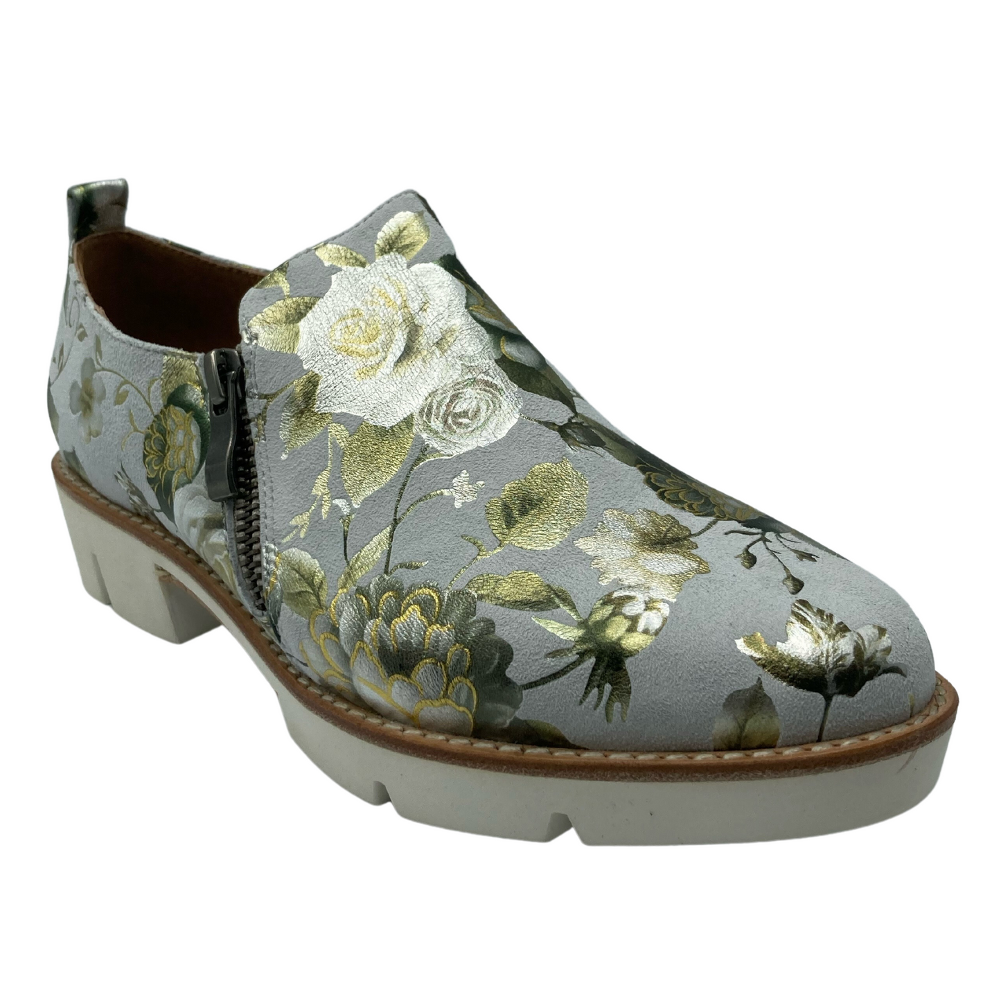 45 degree angled view of floral foil print suede upper with white synthetic outsole