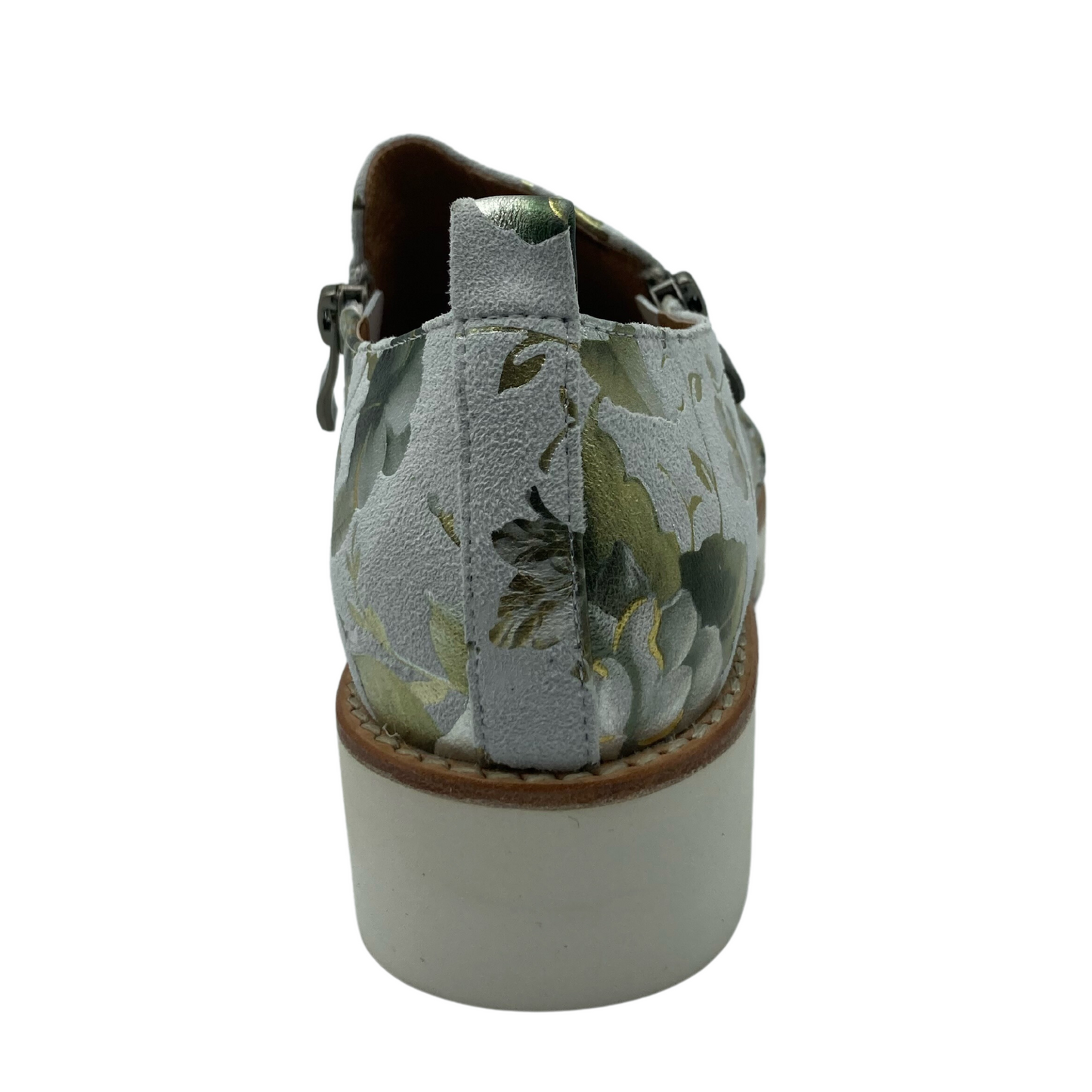 Back view of floral foil printed suede shoe with white synthetic outsole