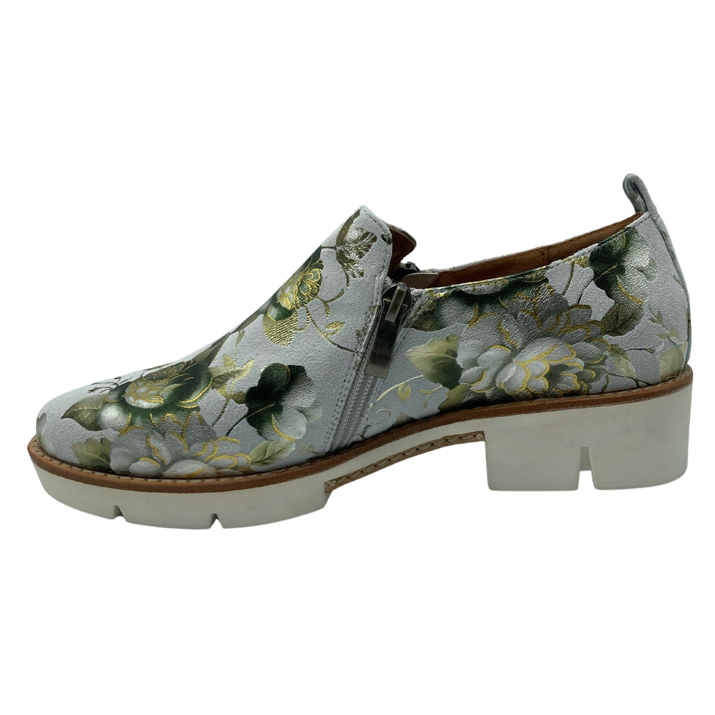 Left facing view of floral foil printed suede with side zipper closure and white synthetic outsole
