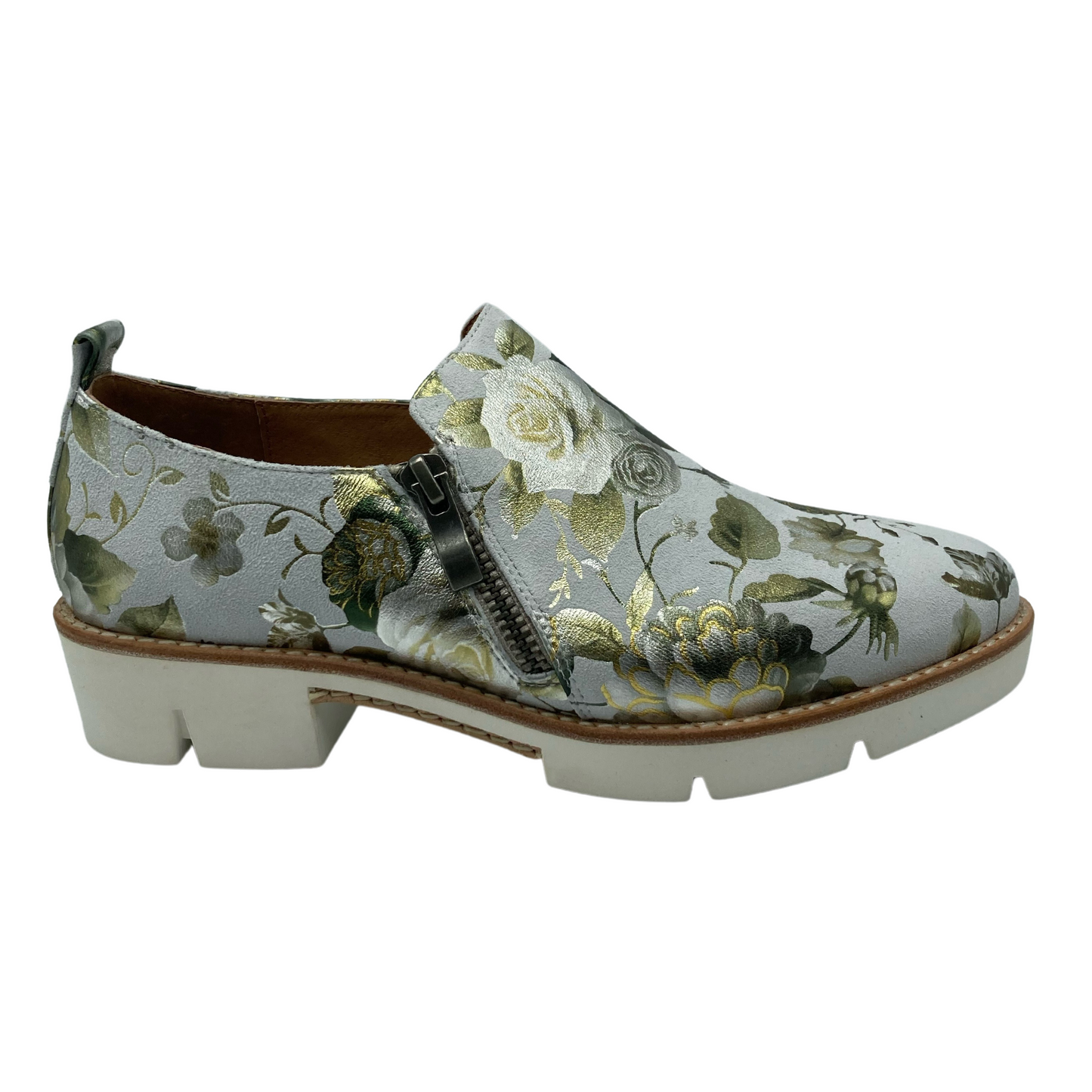 Right facing view of floral foil print suede shoe with side zipper closure and white outsole