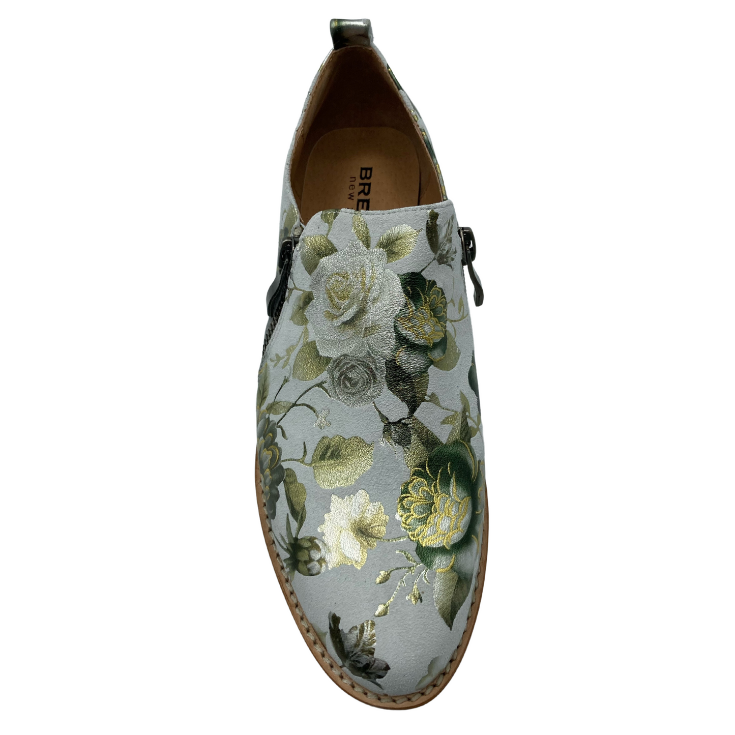 Top view of foil printed suede shoe with side zipper closure and leather lining