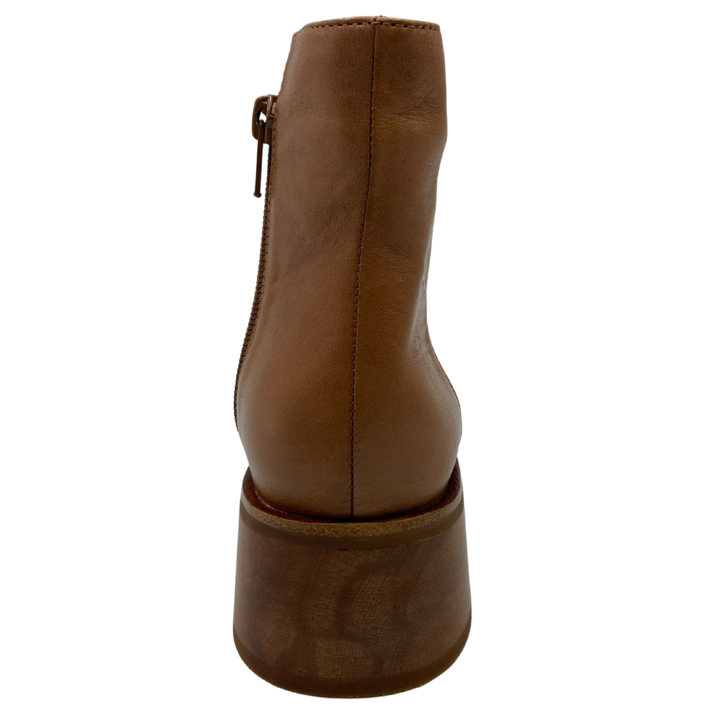 Heel view of leather ankle boot with block heel and zipper closure