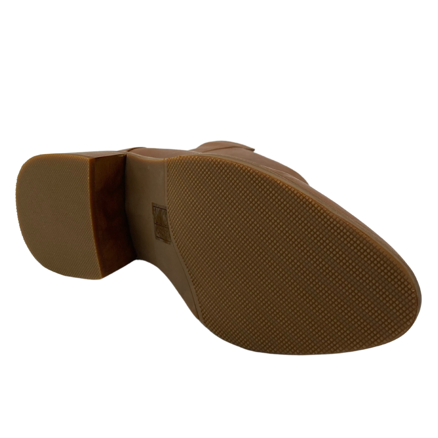 Bottom view of ankle boot with brown rubber sole and block heel