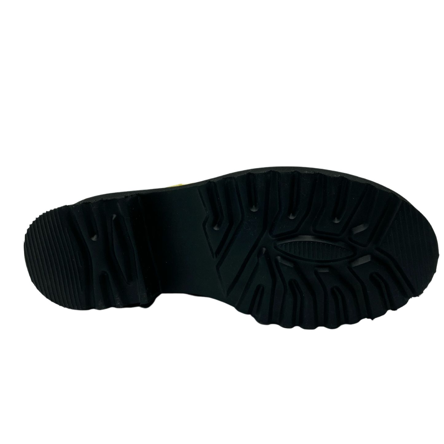 Bottom view of leather ankle boot with black lug sole