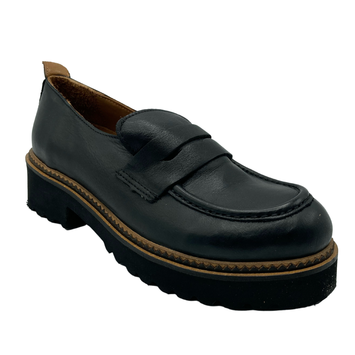 45 degree angled view of black platform loafer with brown trim detail around sole.