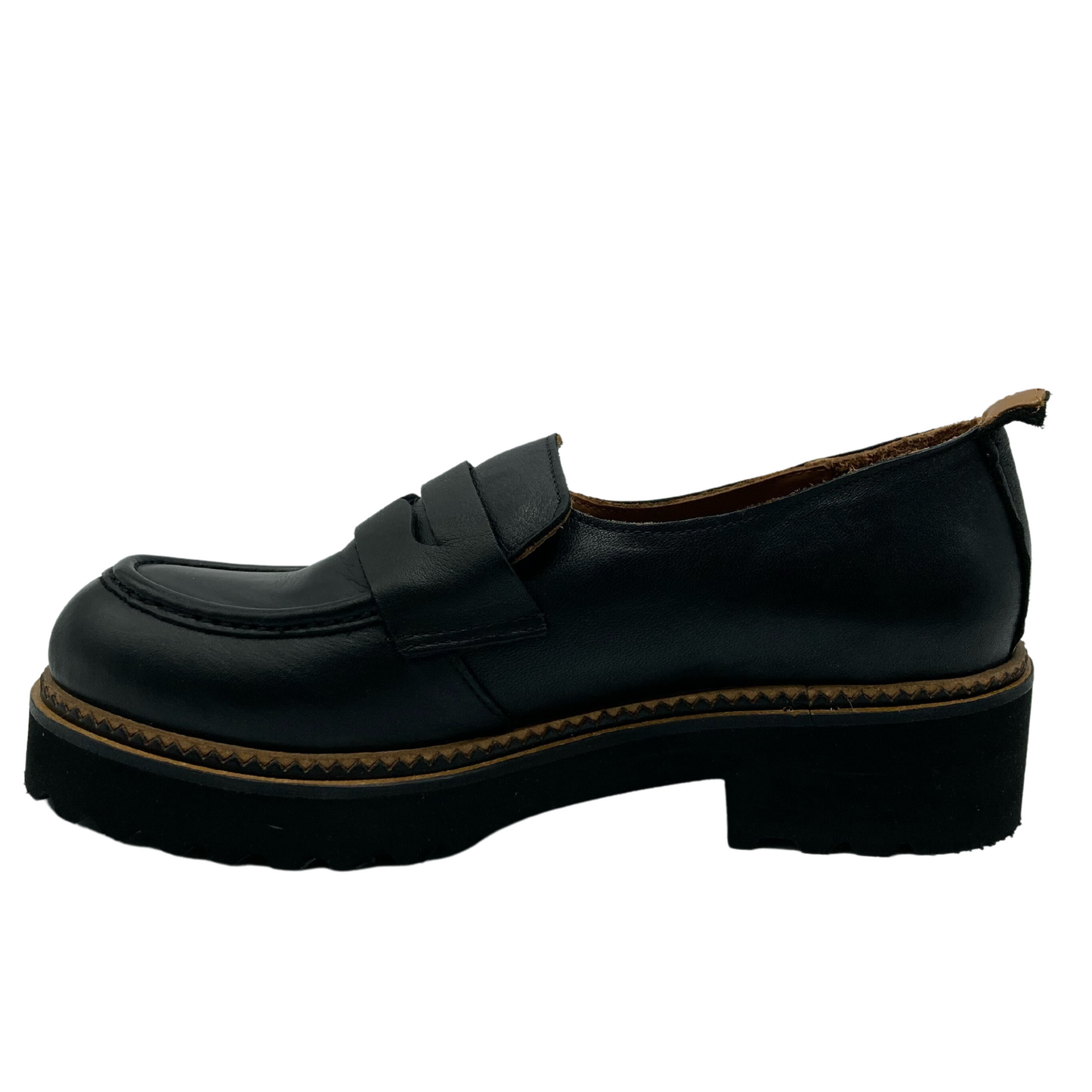 Left facing view of black platform loafer with chunky heel and strap detail on upper
