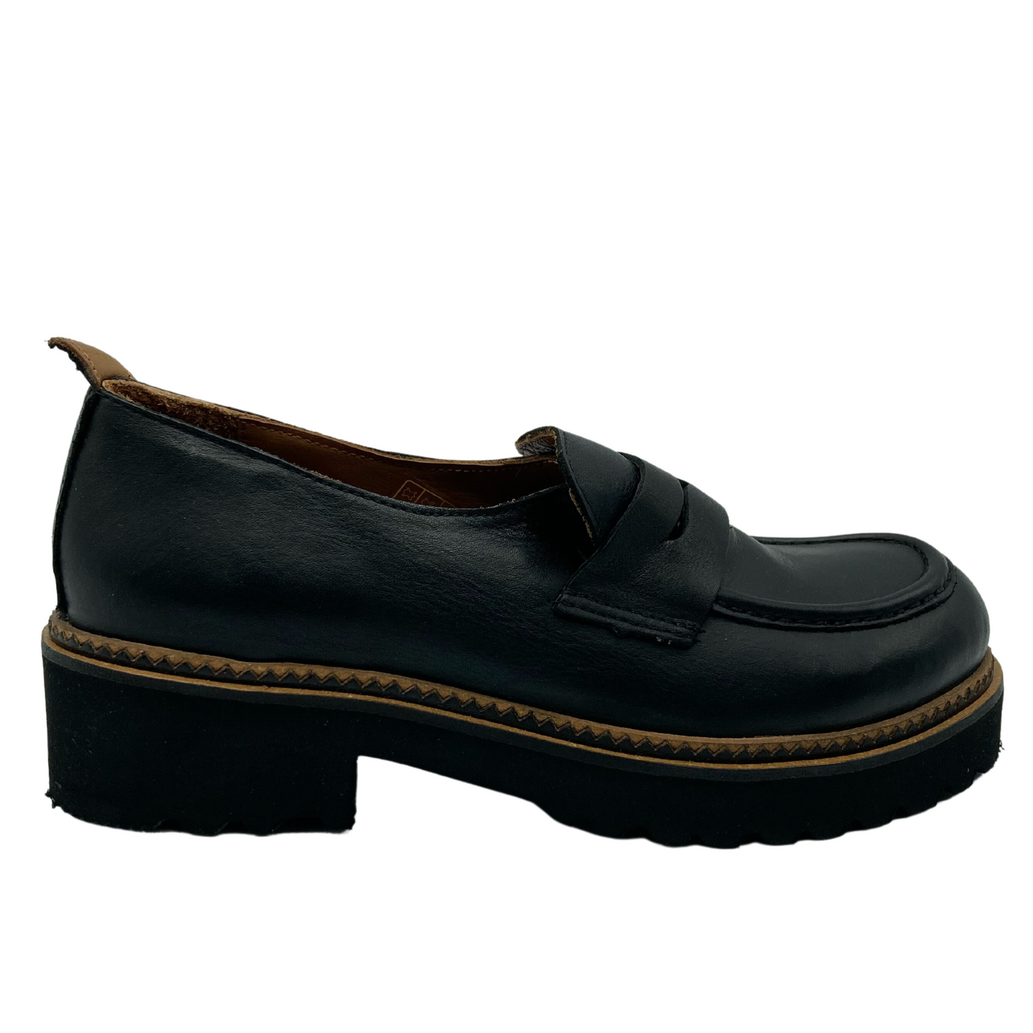 Right facing profile view of black leather loafer with pull on tab on top of heel