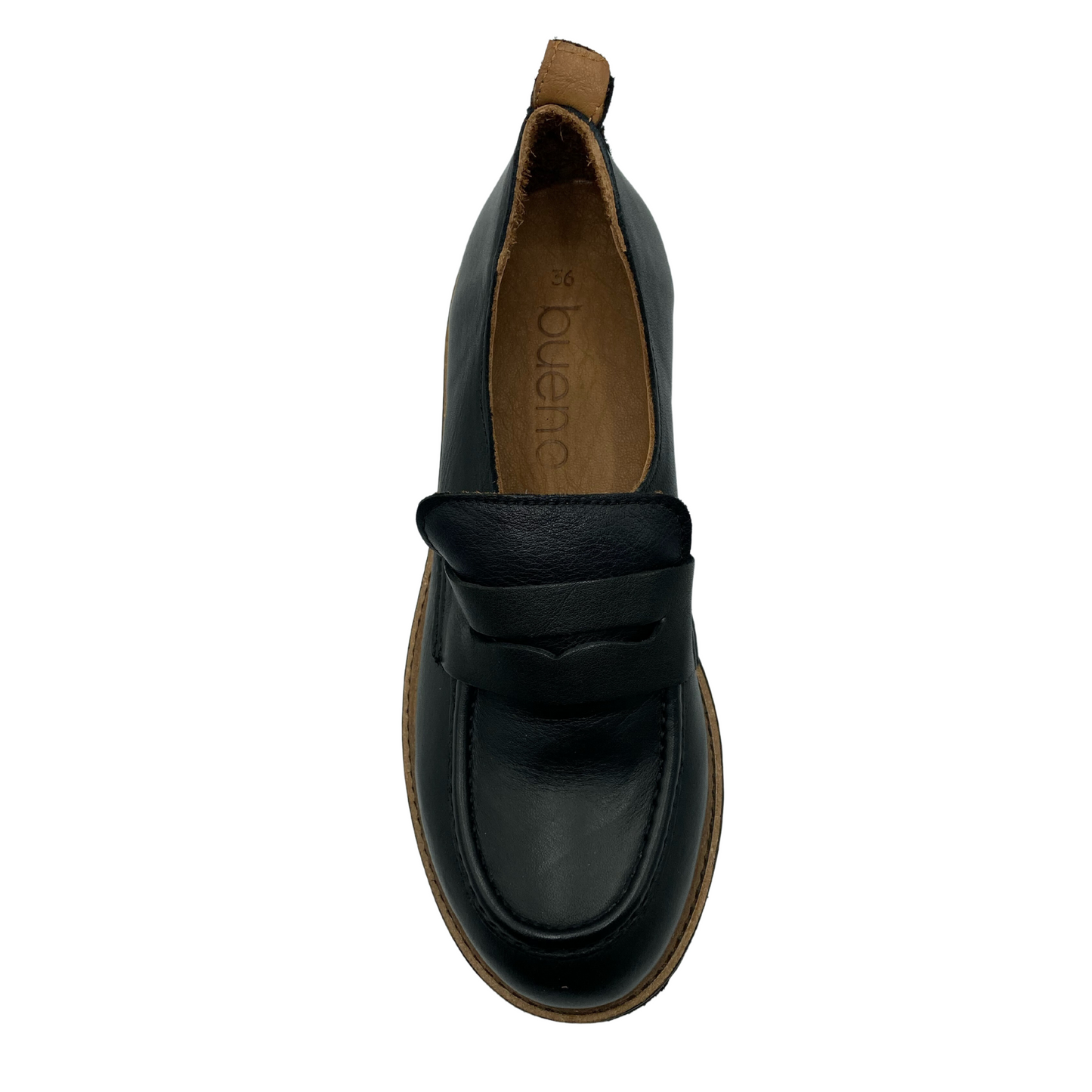 Top view of black leather loafer with rounded toe and tan coloured insole
