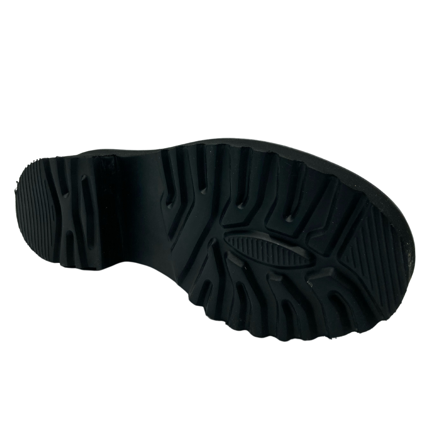Bottom view of chunky heeled loafer with black rubber sole