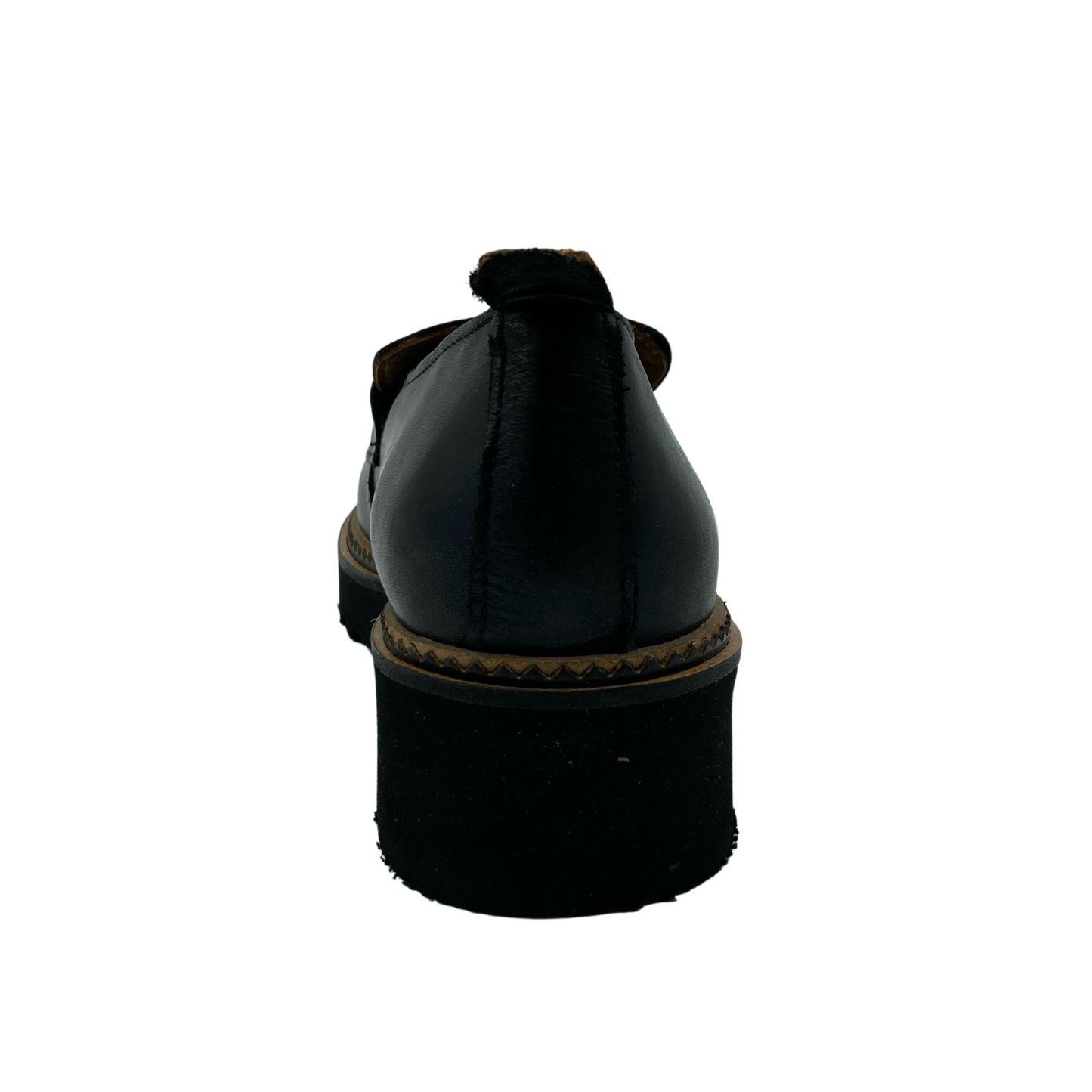 Heel view of chunky heeled loafer with brown trim detail and pull on tab