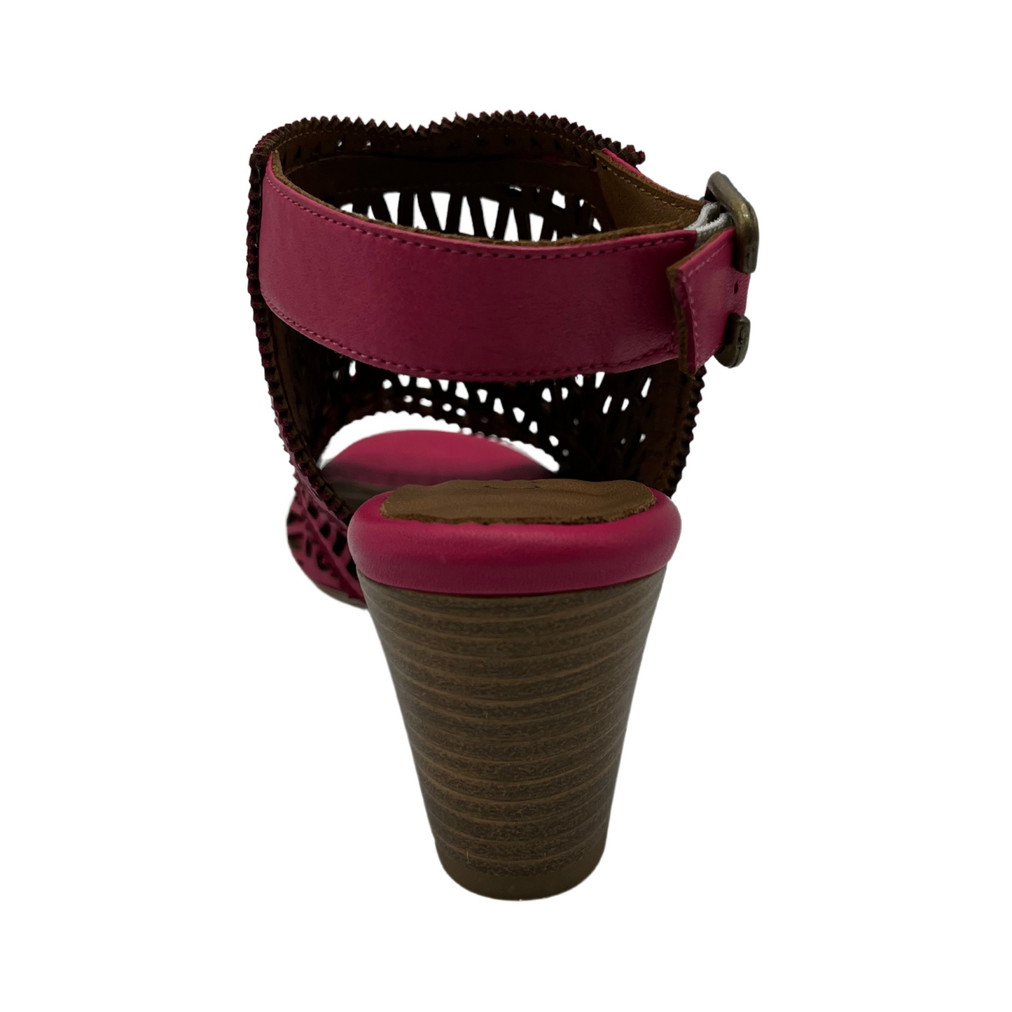 Back view of hot pink sandal with stacked heel with buckle ankle strap