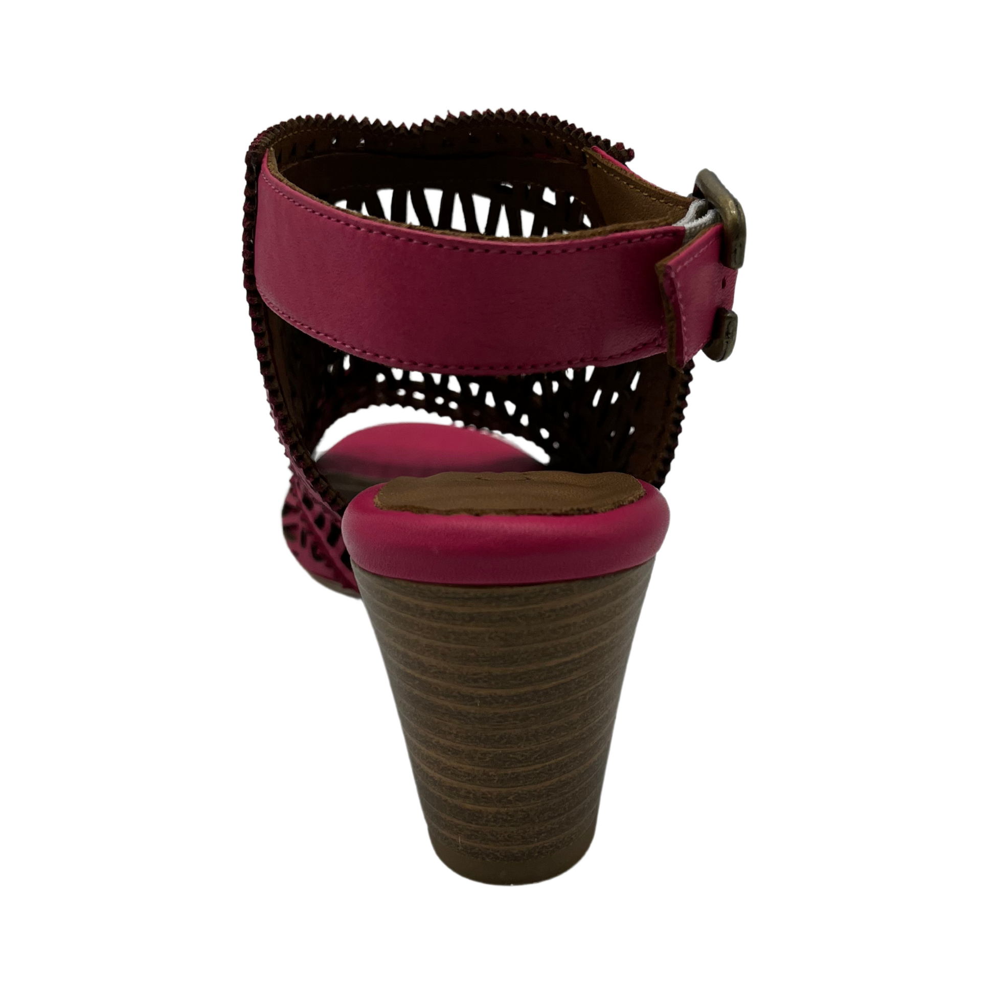 Back view of hot pink sandal with stacked heel with buckle ankle strap
