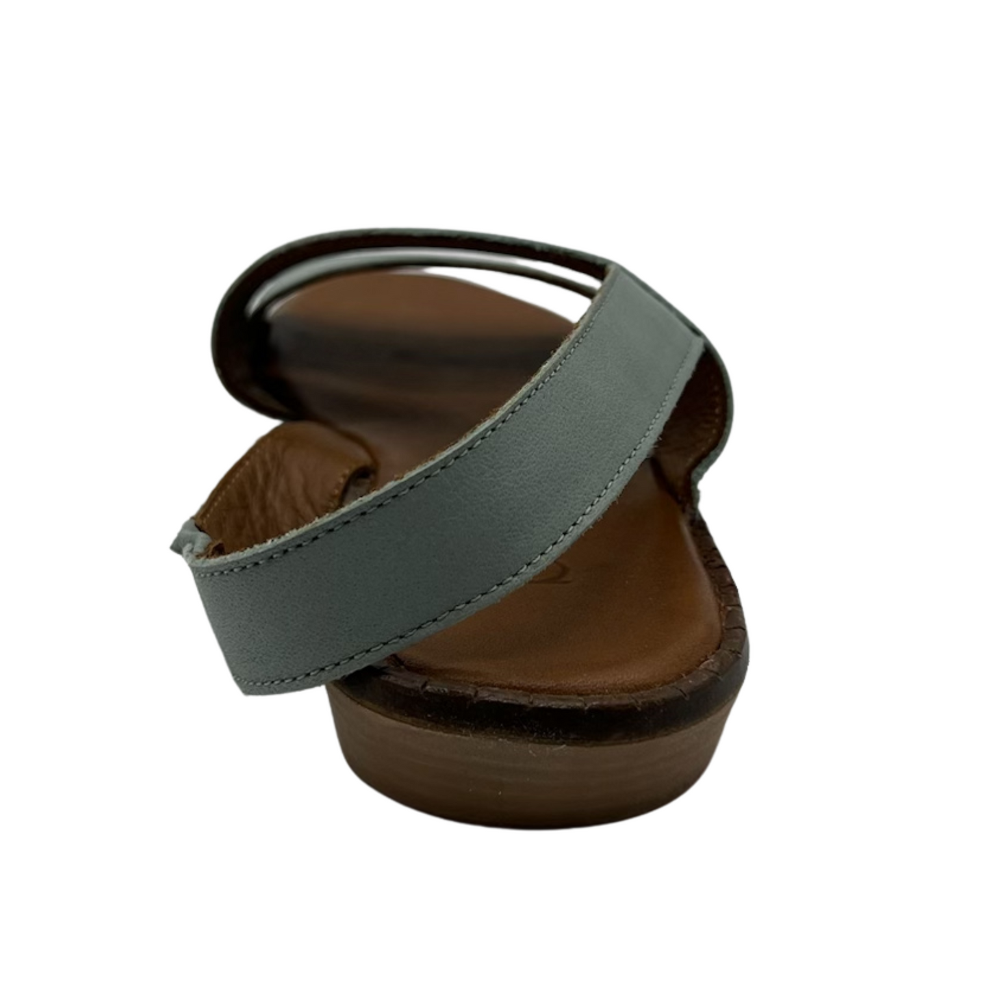 Back view of pale green leather sandal with slight wedge heel, rounded tow and slingback strap